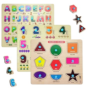 Lefan Wooden Learning Educational Board for Kids, Puzzle Toys for 2 Years Old Boys & Girls (Alphabets, Numbers & Shapes) (ABC, Numbers & Shape)