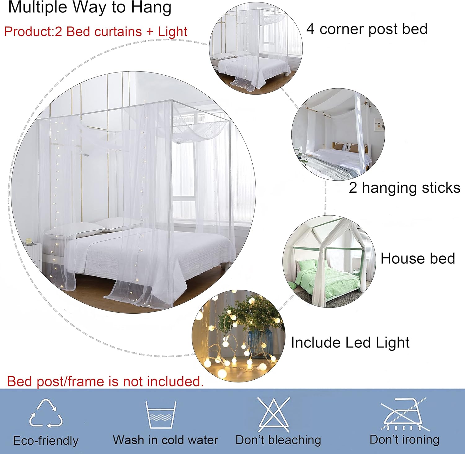 Akiky Canopy Bed Curtains with Light Princess Bed Canopy Scarf for Full/Queen Metal Bed Frame,Wood Frame Bed-2 Panel Sheer Curtain(Full/Queen,White) : Home & Kitchen