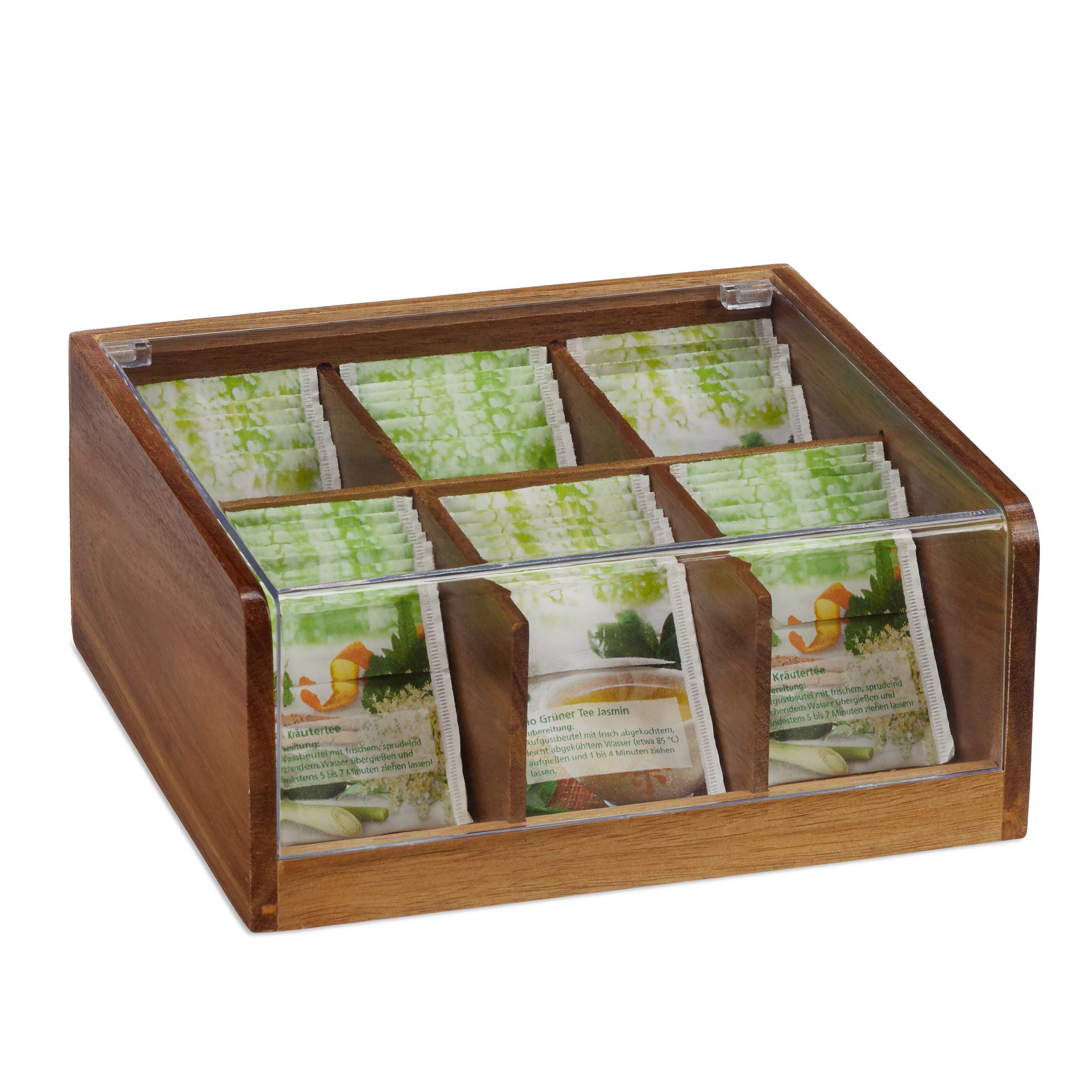 Relaxdays 10027602 Wooden Tea Box, 6 Compartments, for 90 Teabags, Hinged Lid, Flavour-Preserving, HxWxD 9.5x22x20.5 cm, Natural, Wood, PP