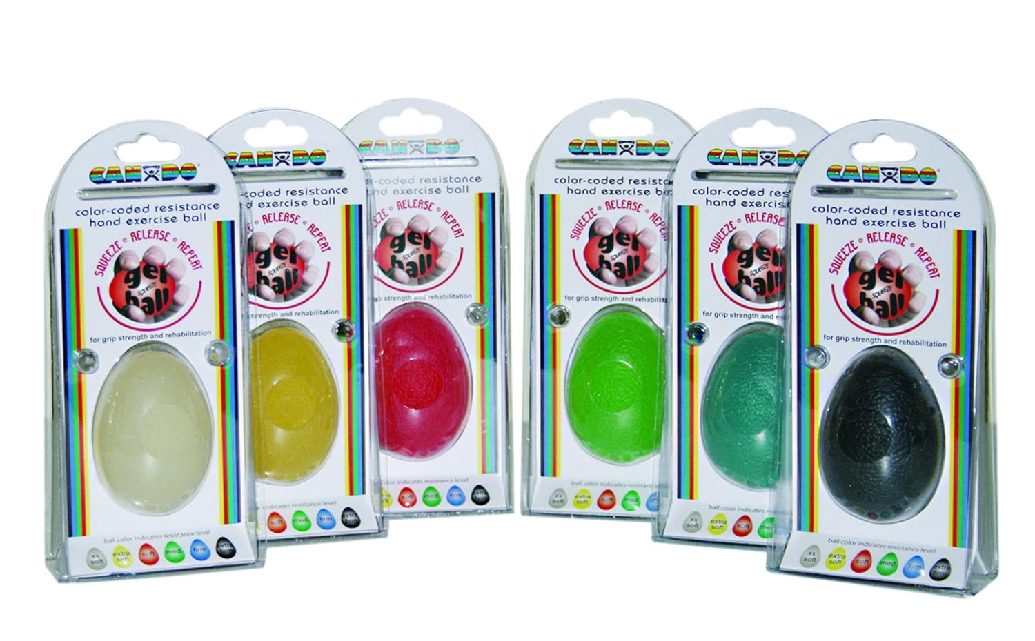 CanDo 10-1896 Gel Squeeze Ball, Large Cylindrical, 6-piece Set, Tan through Black
