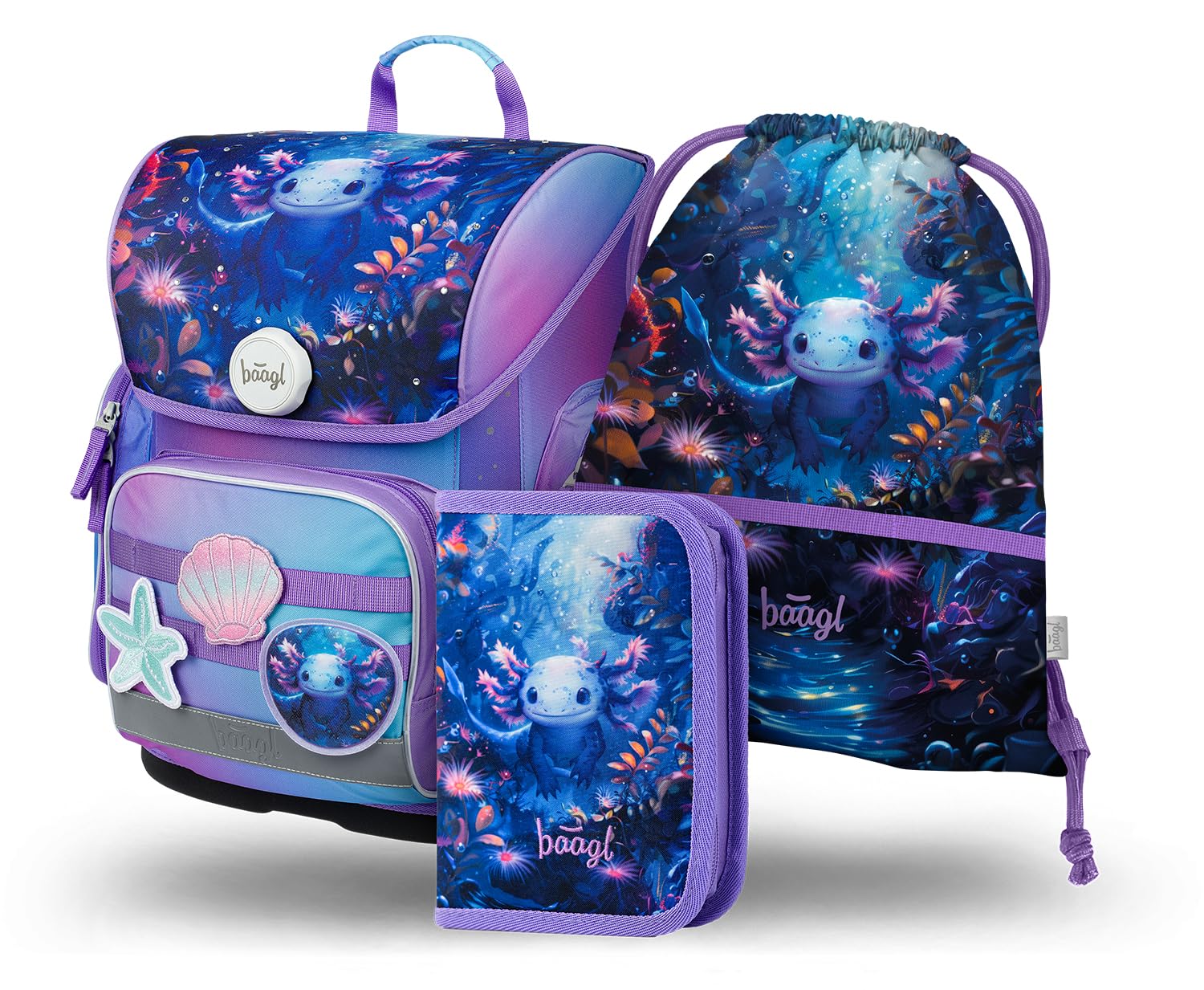 Baagl Schulranzen Jungen Mädchen Set 3 Teilig, Ergo Schultasche für 1. Klasse, Ergonomische Grundschule Ranzen Tornister mit Brustgurt (Axolotl)
