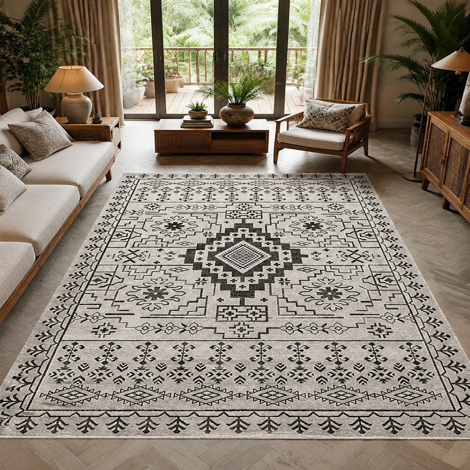 Tapis de décoration géométrique 160x230 cm beige et gris au design oriental contemporain