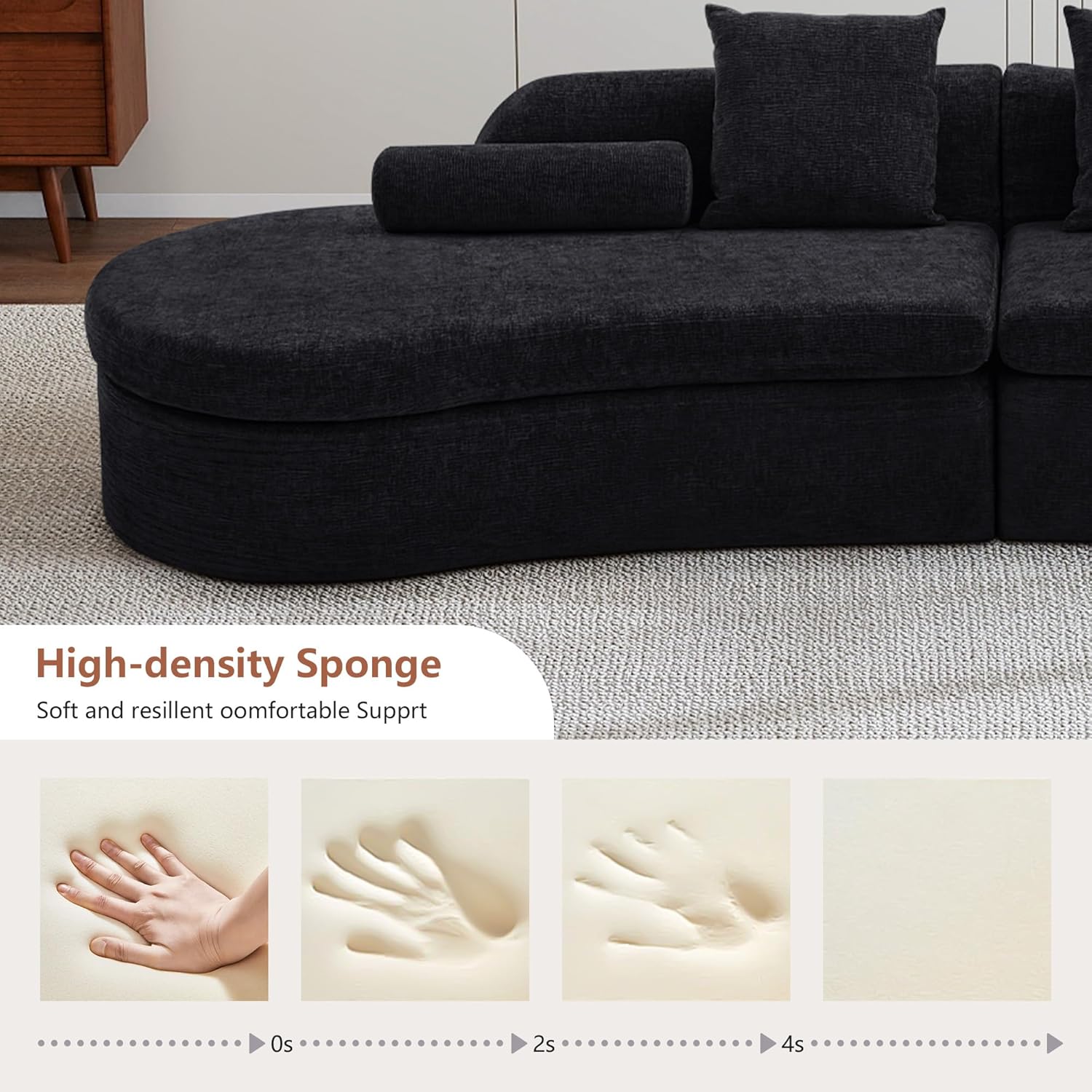 AVZEAR Curved Modular Sectional Sofa, Chenille Upholstered Cloud 6 Seater Couch for Living Room, No Assembly Modern Love Seat Sofa with 3 Bolster Pillows & 3 Square Pillows, High-Density Foam, Black