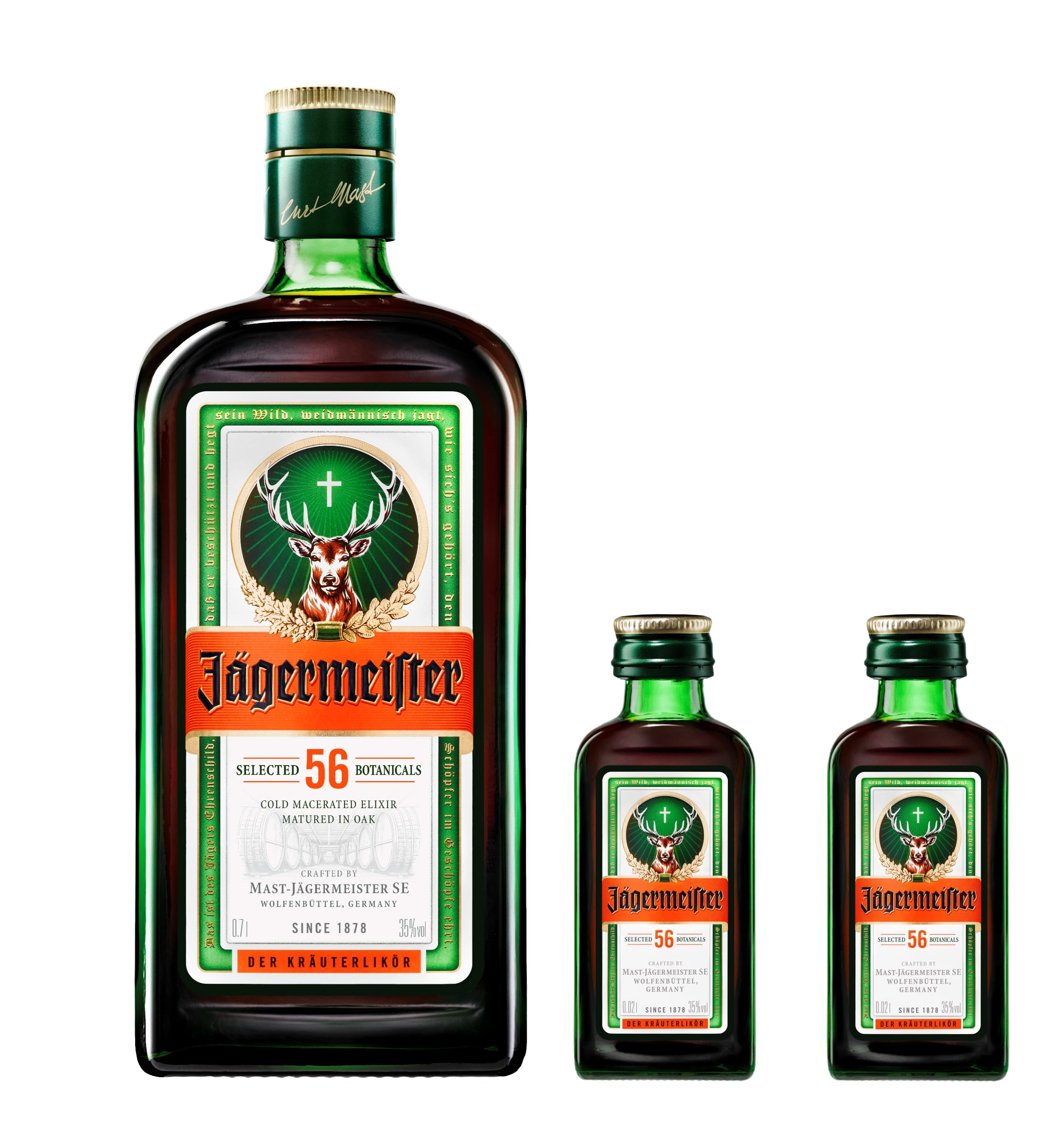 Licor Jagermeister Licor de Hierbas, 700 ml + 2 Jagermeister 20ml de regalo – Botella de Licor Alemán Auténtico – Regalos para Hombre y Mujer - Licor Jagermeister 700ml + 2 de 20ml regalo