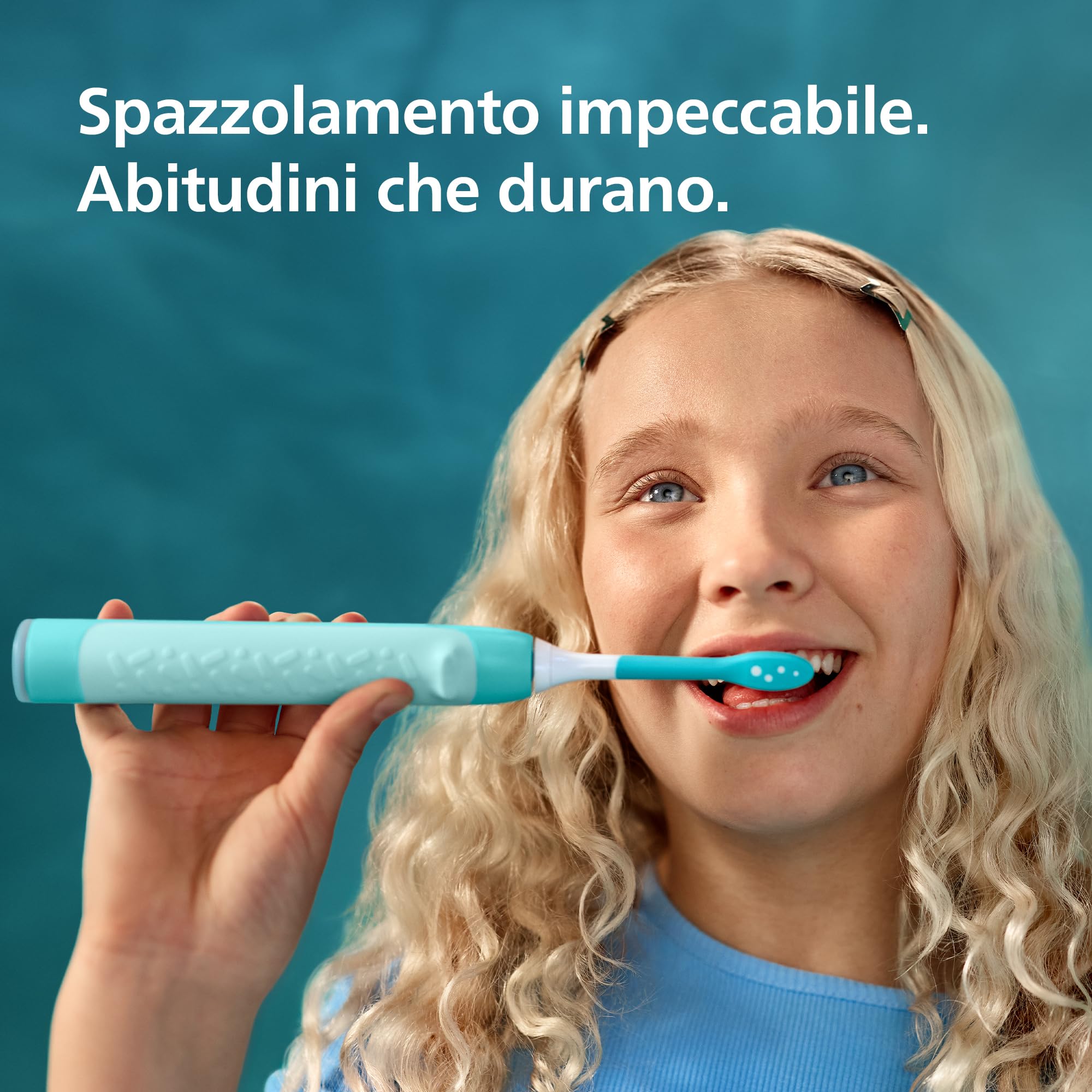 Spazzolino elettrico sonico smart Philips Sonicare for KidsCon app, dai 3 anni in su, 2 modalità delicate, timer da 2 minuti con luci e suoni, 2 testine, verde acqua, modello HX6600/13