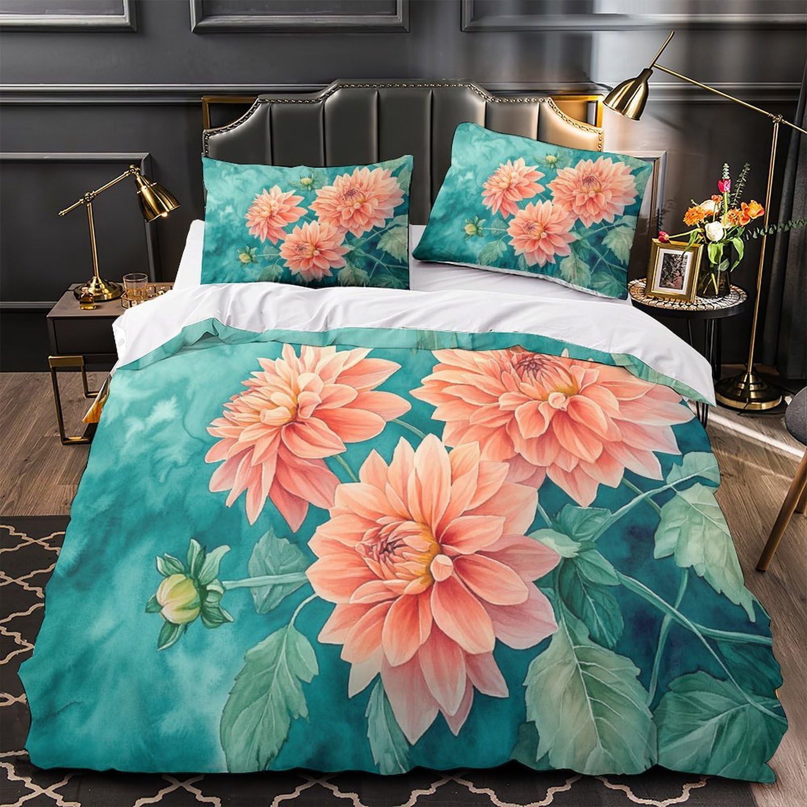 Housse de couette anti-décoloration dahlia 3D en microfibre respirante à fermeture éclair