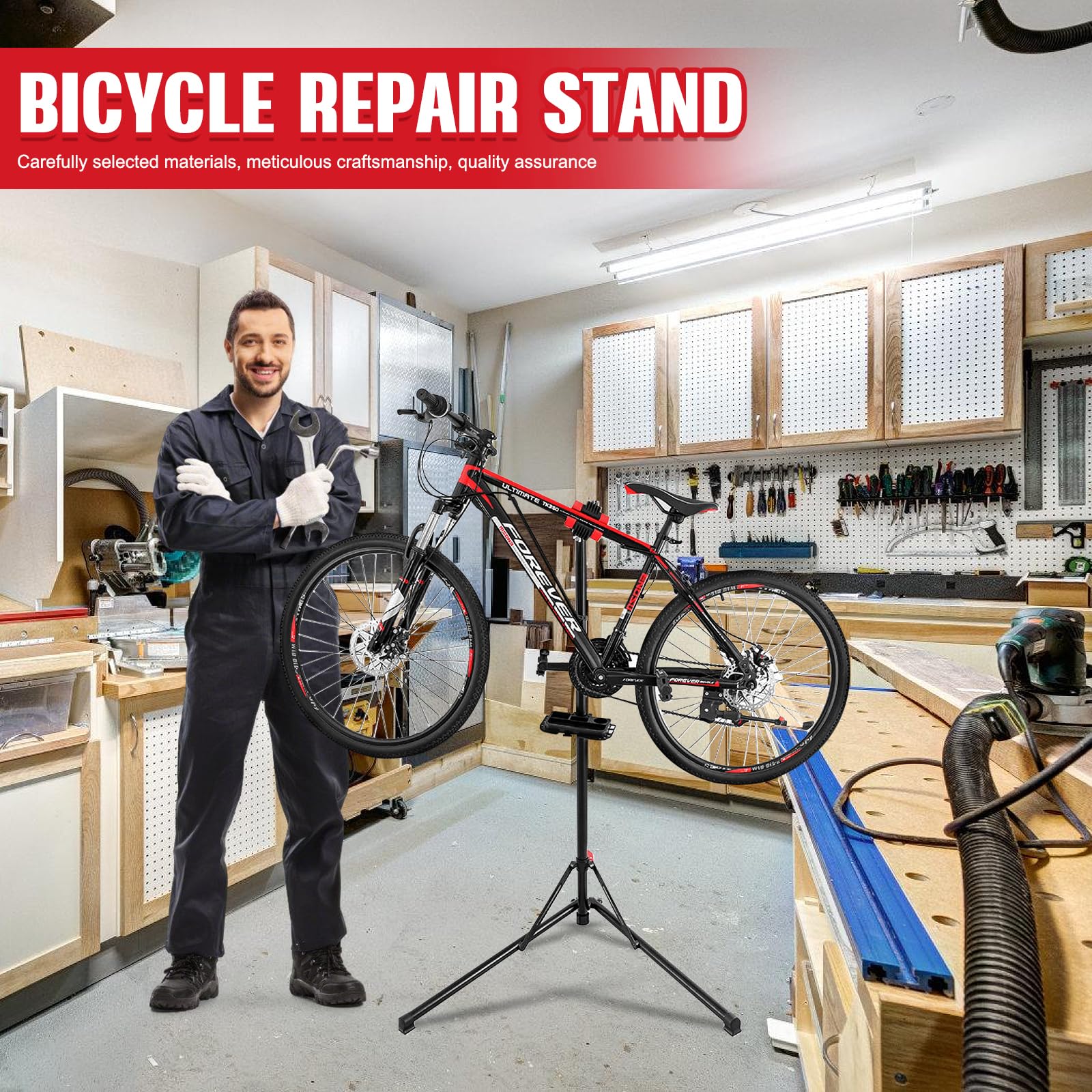 Soporte de reparación de bicicletas resistente con bandeja magnética para herramientas y guantes, estante plegable de mantenimiento de bicicletas de 50 kg con abrazadera giratoria de 360°