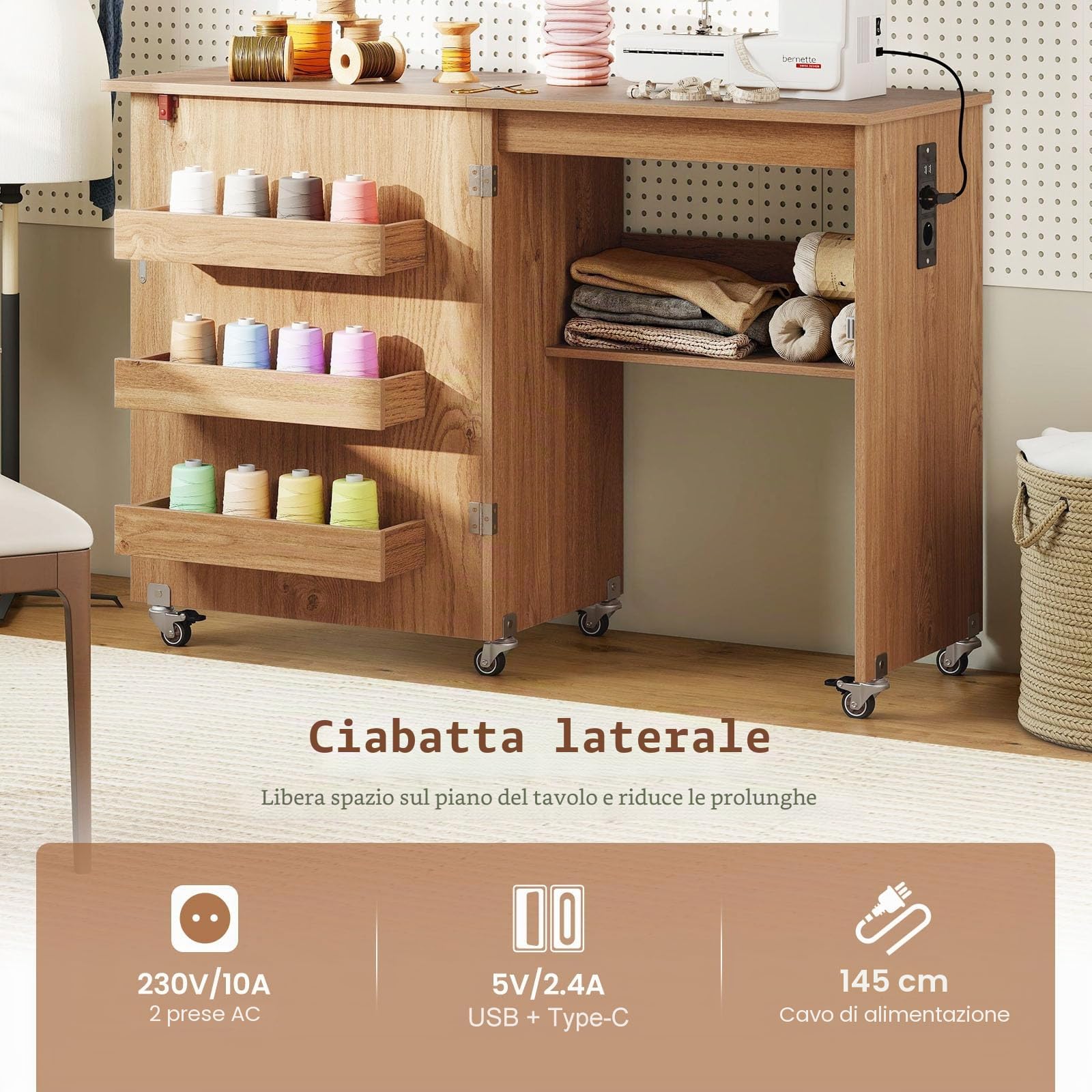 LIFEZEAL Tavolo da cucito pieghevole con stazione di ricarica, mobile per macchina da cucire con ripiano e cassetti, armadio da cucito multifunzione con ruote per casa e ufficio (naturale)