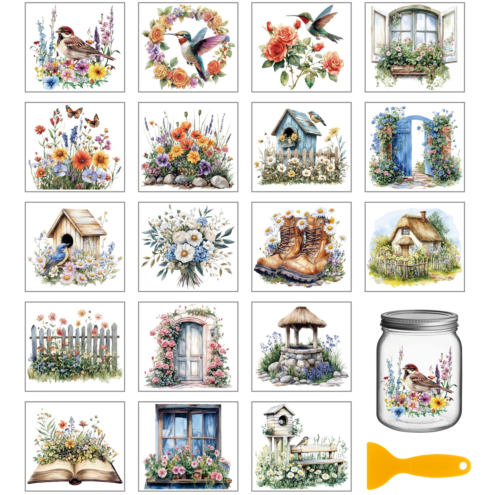 GLOBLELAND 18 Sheets 3.9x3.6inch Retro Flowers Birds Rub on Transfer Colorful Garden Vase Home Decals Plant Flowers Cup Transfer Stickers for Furniture Vase Glass Art Crafts Decorations โ image 1