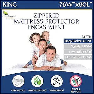 King Size Mattress Protector Waterproof Zippered Cover - Deep Pocket Fits up to 20" Depth - Hypoallergenic Premium Quality Encasement Protects Against Dust White