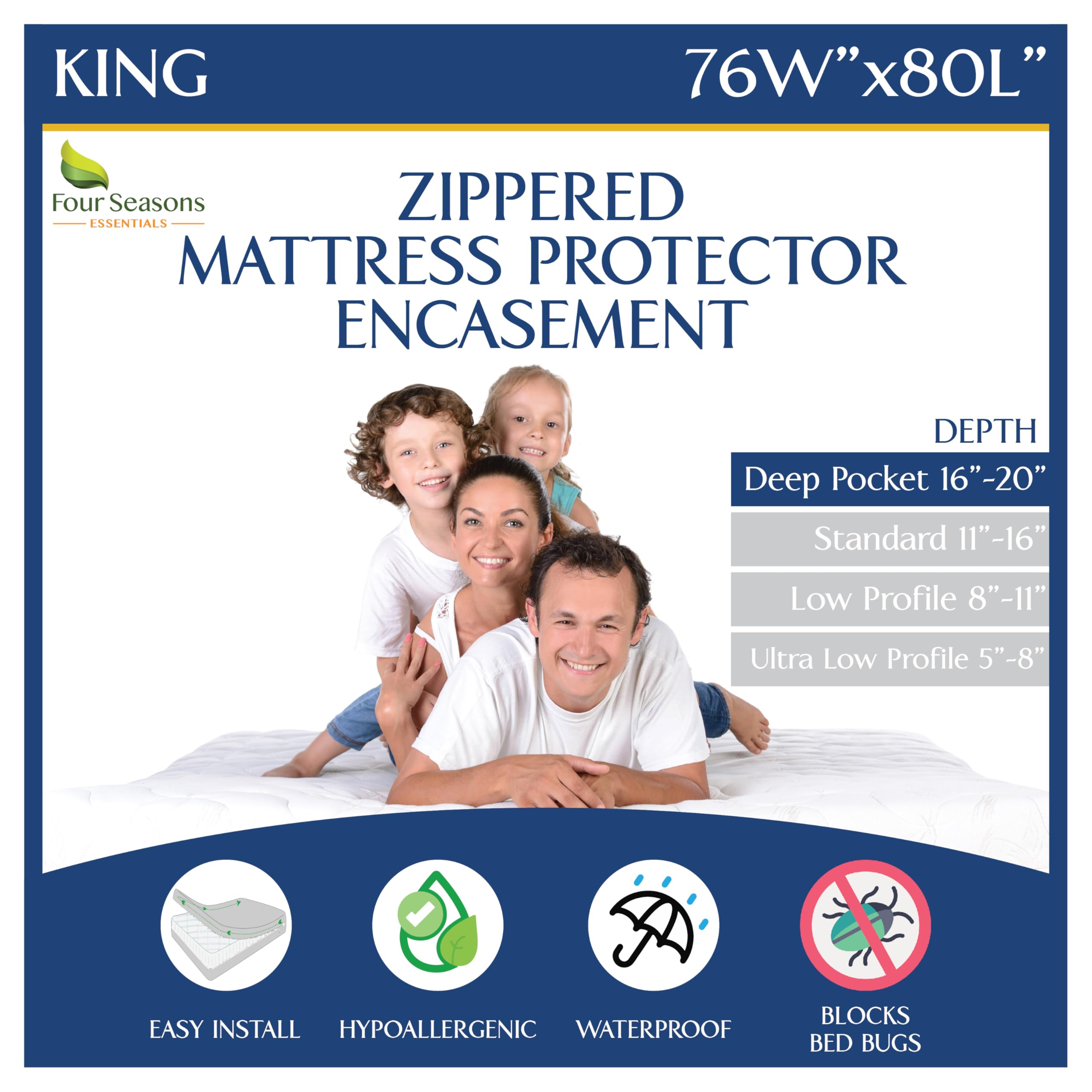 King Size Mattress Protector Waterproof Zippered Cover - Deep Pocket Fits up to 20" Depth - Hypoallergenic Premium Quality Encasement Protects Against Dust