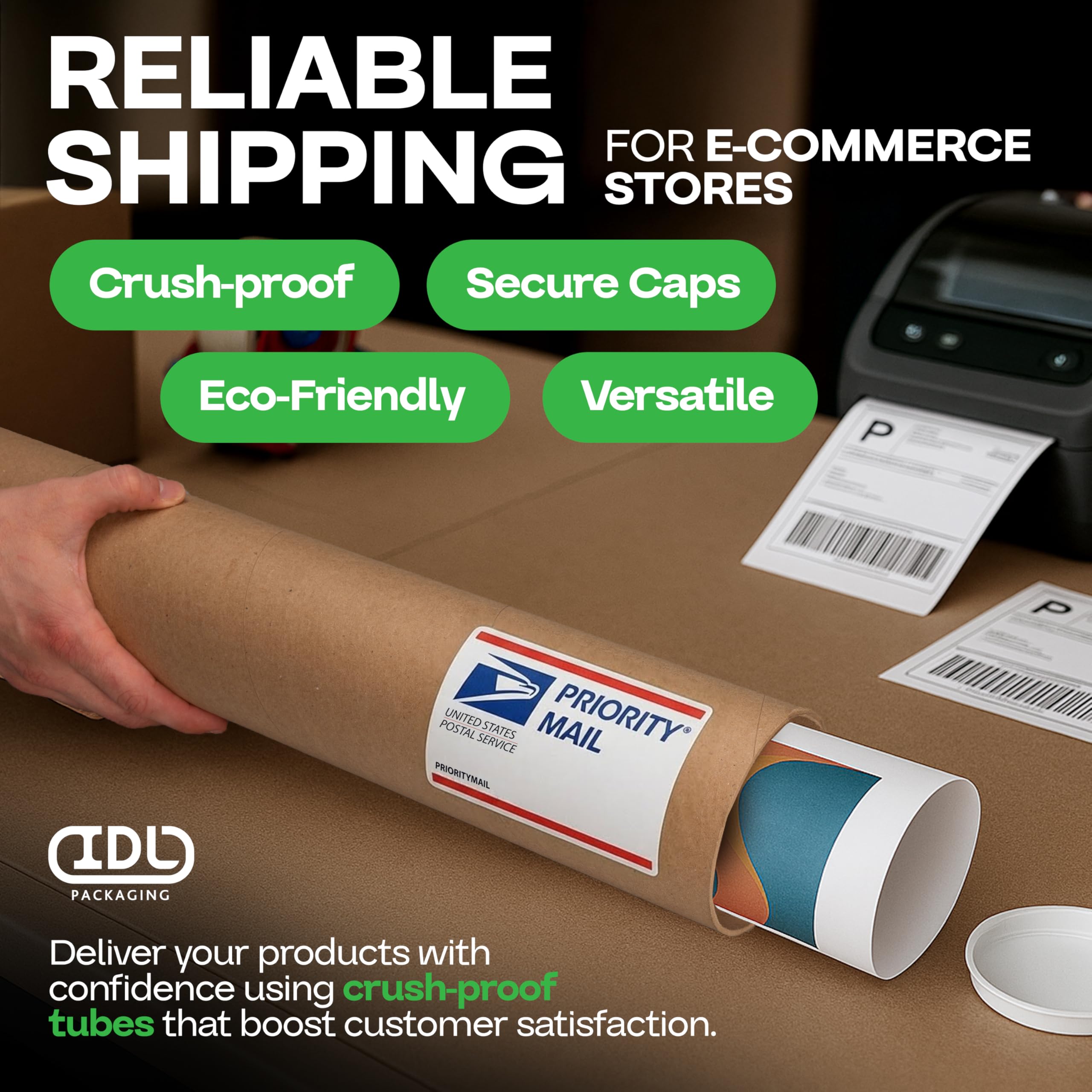 Tubos de cartón para correo, 4 x 24 pulgadas con tapas de plástico, paquete de 4, tubo de póster aprobado por USPS fabricado en Estados Unidos para documentos y planos, cilindros de correo reforzados
