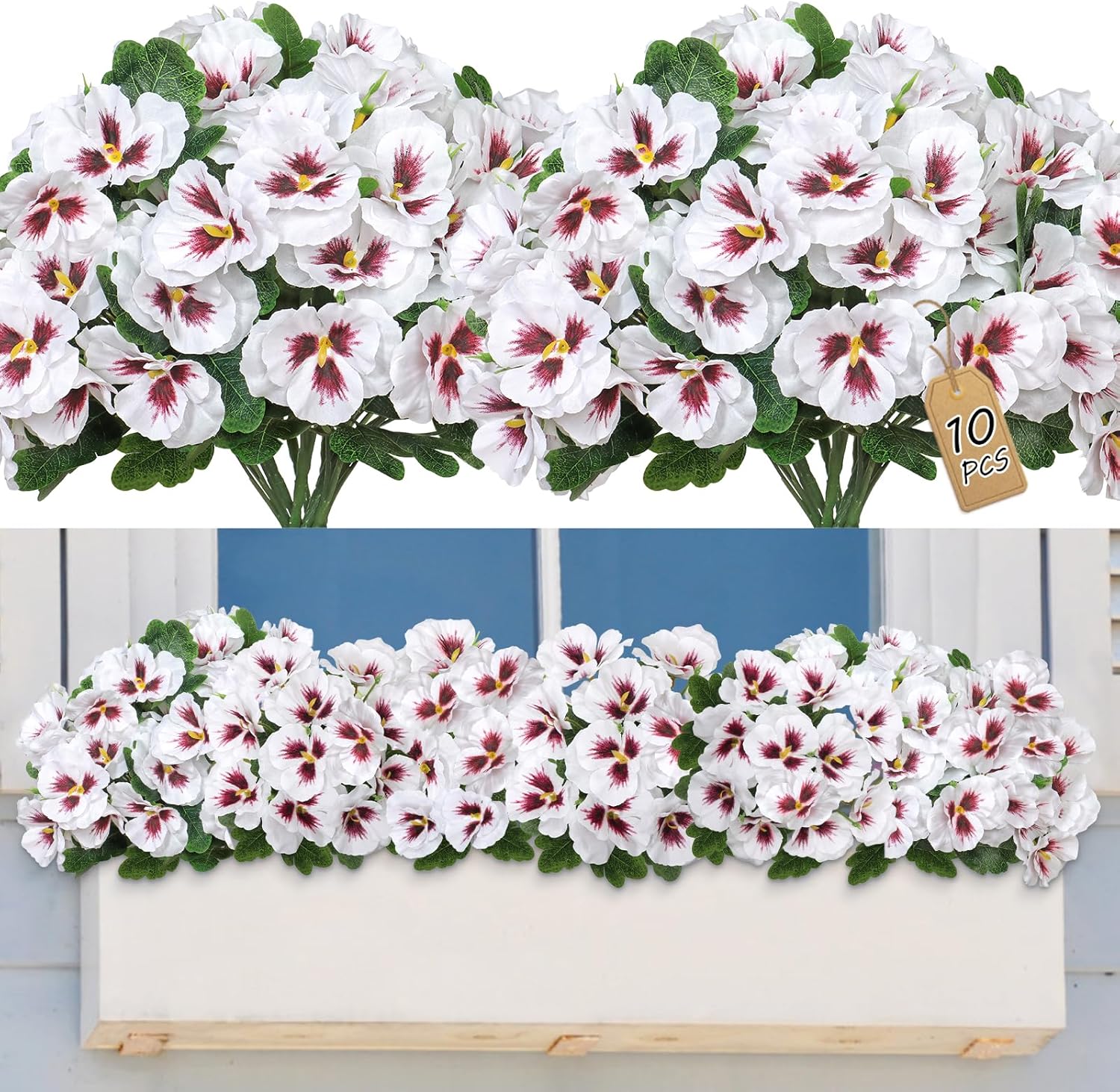 SOMYTING Artificial Pansies Flowers Outdoor 10 Bundles Faux Flowers UV Resistant Plastic Plants Artificial Silk Flowers for Front Porch Garden Window Box Hanging Planter Decoration (White, 10PCS)
