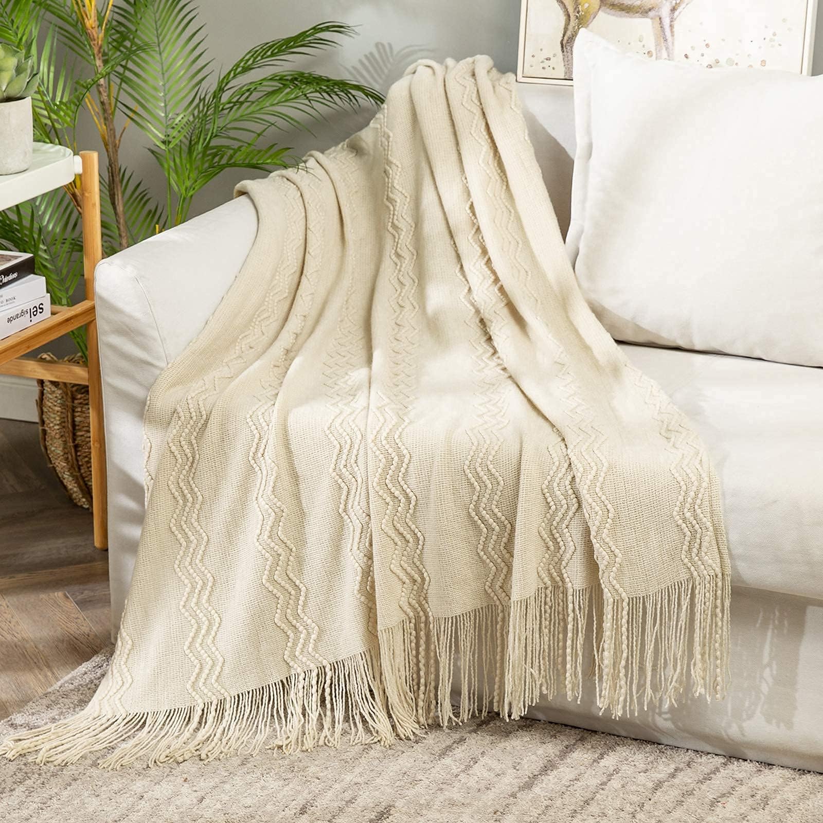 MIULEE Knitted Beige Throw Blanket Soft Sofa Knit Blanket for Couch 50 x 60 Inches, Solid Cozy Lightweight Wave Pattern Decorative Blankets with Tassels for Women, Kids