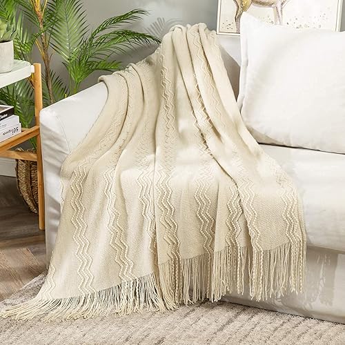 MIULEE Knitted Beige Throw Blanket Soft Sofa Knit Blanket for