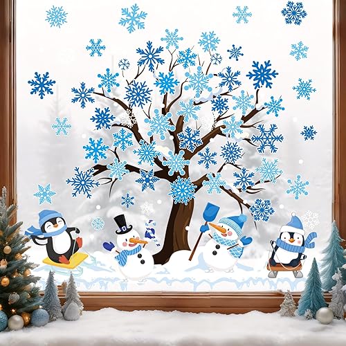 Whaline 6 Sheets Winter Window Clings Large Christmas Snowflake Tree