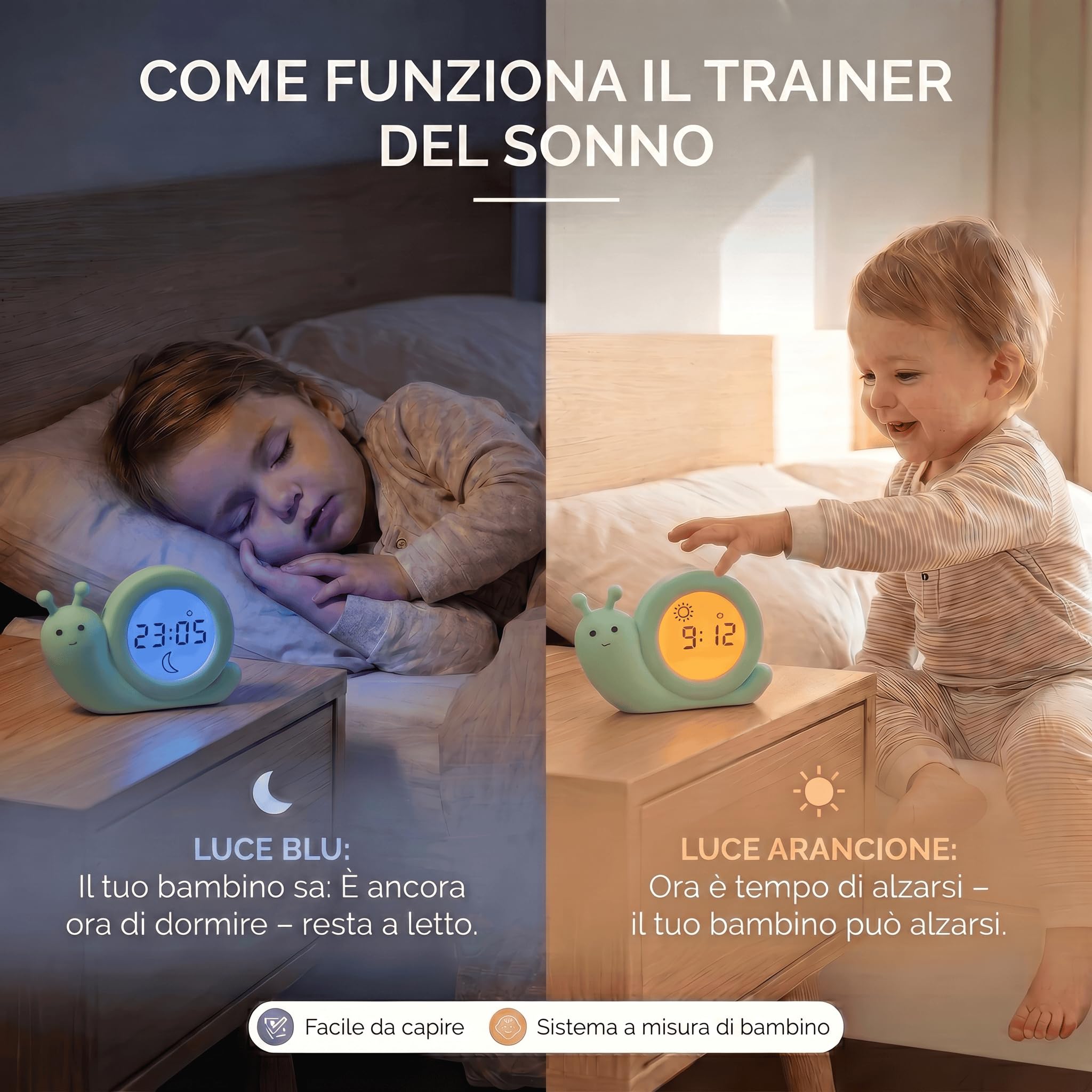 Alecto Baby BC110GN SIMON - Addestratore del sonno, luce notturna e sveglia, lumaca, verde menta