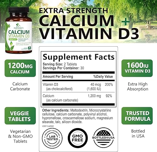 Miniatura 2 de Suplemento de calcio con vitamina D  1200 mg de carbonato de calcio con 1600 UI de vitaminas D3  Apoya la fuerza ósea, los dientes y el sistema
