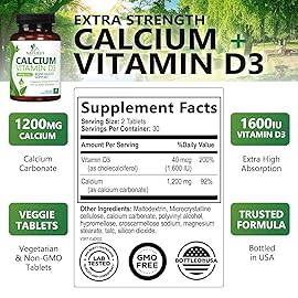Calcium Supplement 1200 mg - with Vitamin D3 for Best Absorption - Supports Immune Health, Bones & Teeth - Nature\'s Calcium Carbonate + 1600 IU of D3 - Bottled in USA for Women & Men - 60 Tablets
