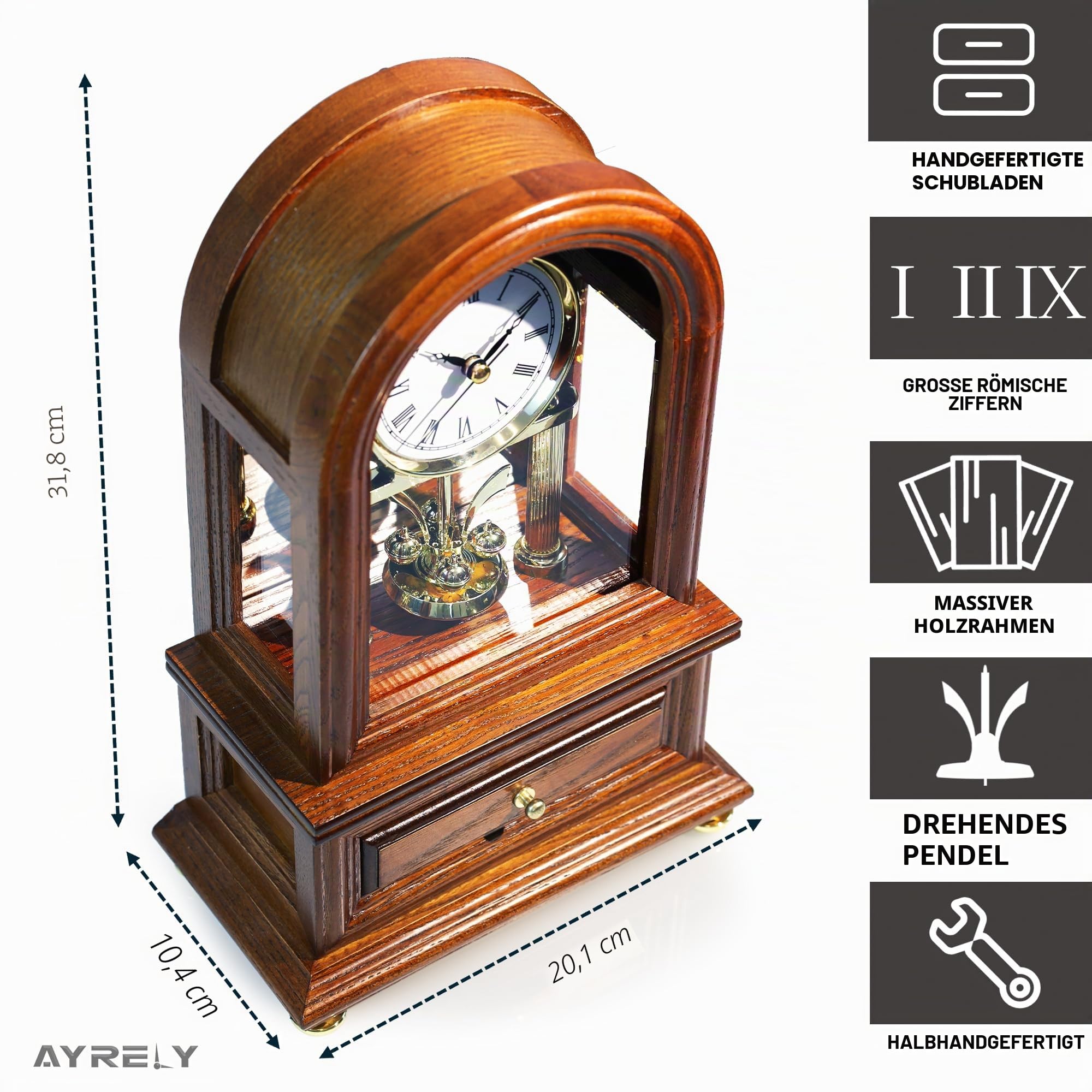 AYRELY® Holz Tischuhr Jubiläumsuhr, Antike Regaluhren, Retro Kaminuhr mit Drehpendel, Schreibtisch Standuhr im Großvaterstil, Vintage Tischuhren für Wohnzimmer, Wohndeko Geschenk