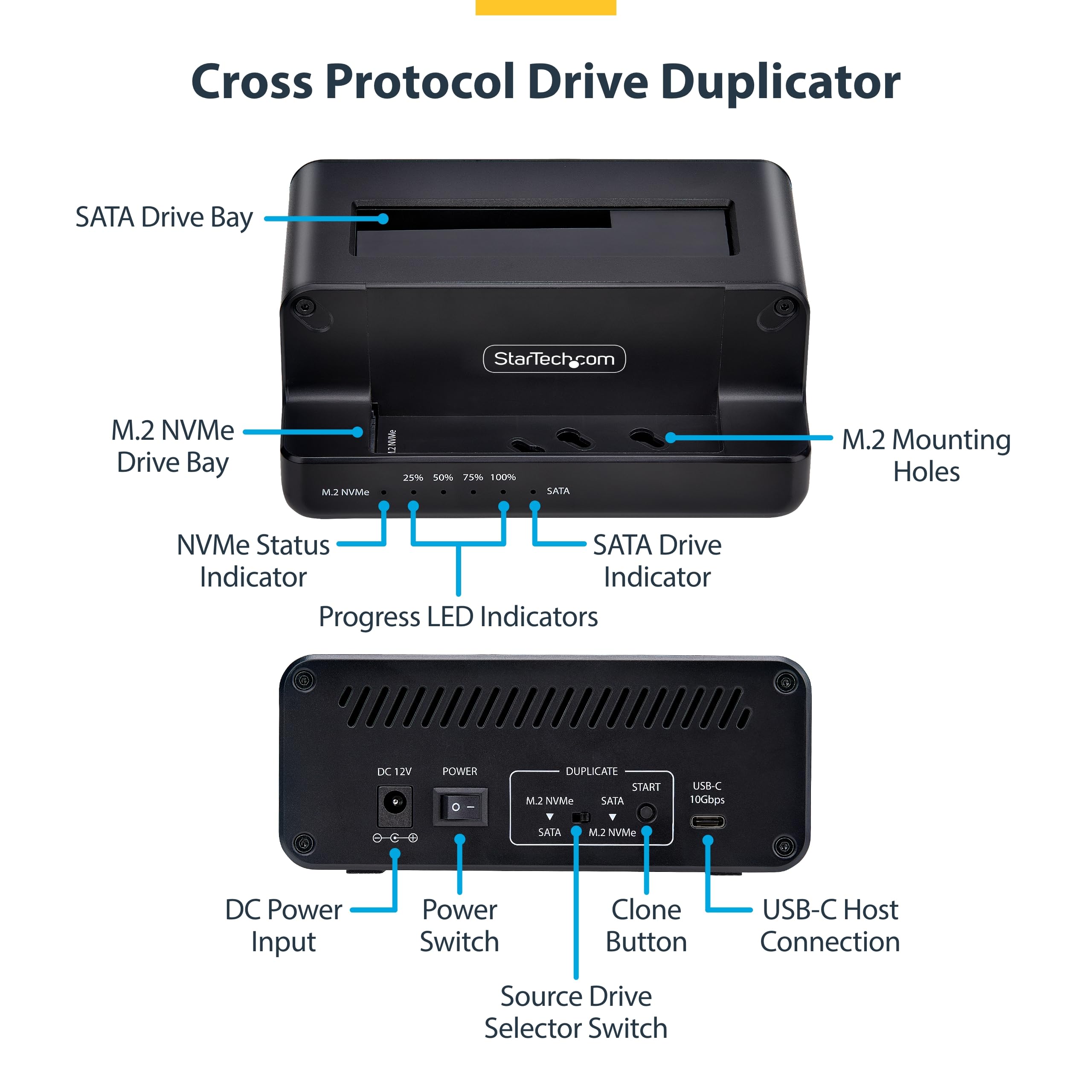 StarTech. com M.2 NVMe Duplikator dysków SATA 2,5/3,5", dwukomorowy duplikator SSD, NVMe na SATA, do 27 GB/min