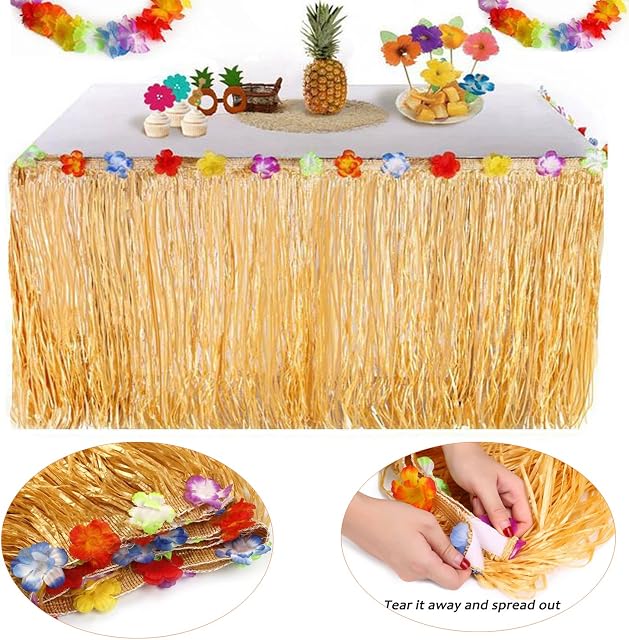 YQing Hawaiian Luau Table Skirt - 9.6ft Hawaiian Luau Hibiscus Grass Table Skirt with 26 Faux Silk Flowers for BBQ Tropical Garden Beach Summer Tiki Party Decorations (TableSkirt(Gold))