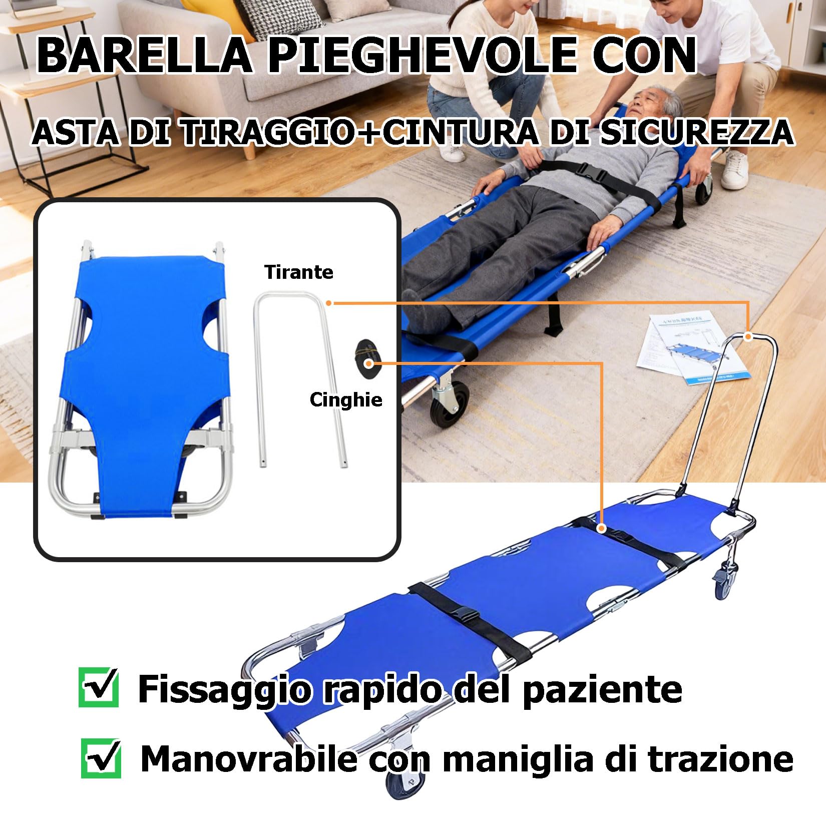 Barella di Salvataggio,Barella Pieghevole Portatile con 4 Ruote e Cintura,Asta Push-pull,Piegabile in 2,per Trasporto Paziente da Viaggio Medico di Emergenza capacità di Peso 350 Libbre