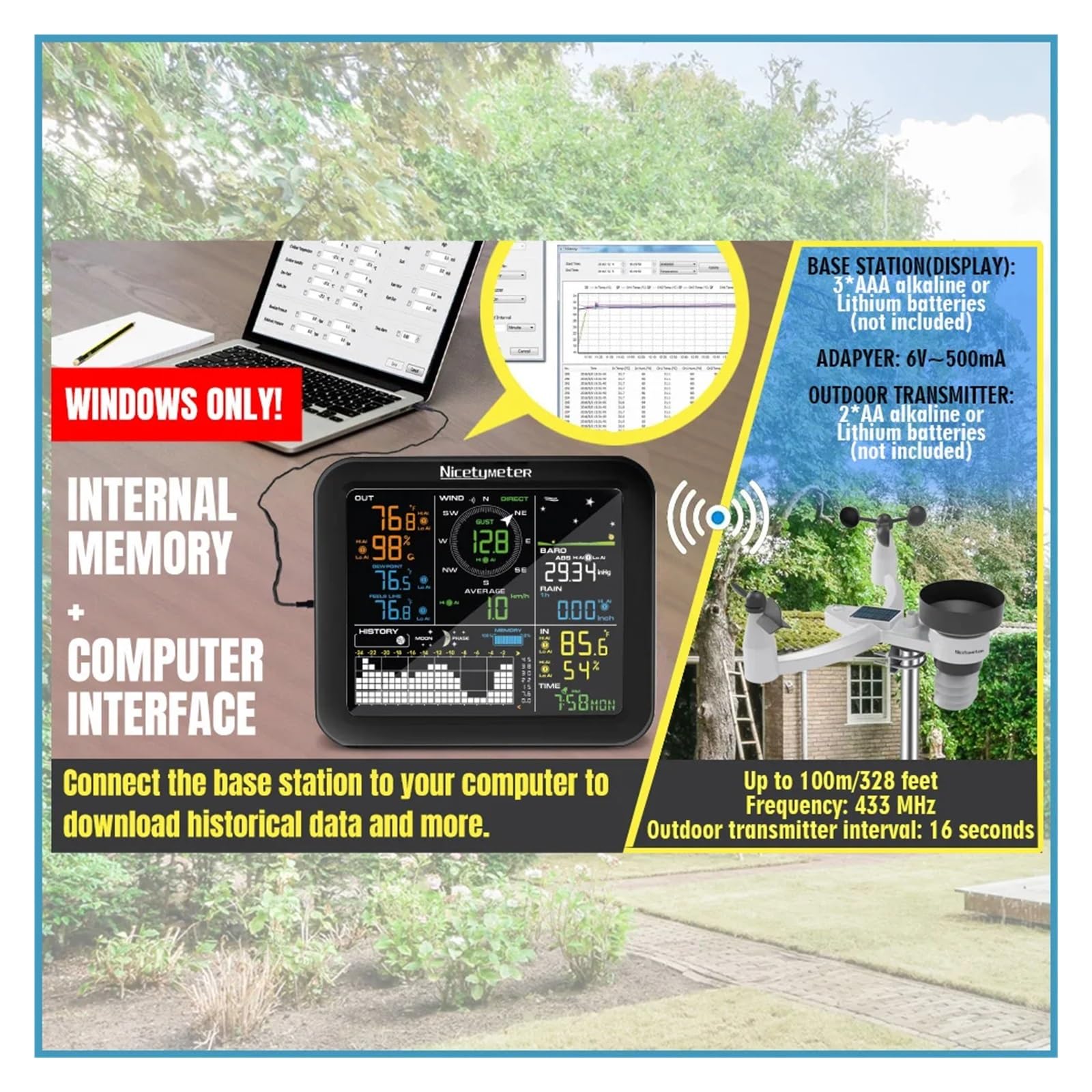 5-in-1 Indoor Outdoor Wireless Weather Station Temperature And Humidity Wind Speed Direction Rainfall With Digital Display 0345