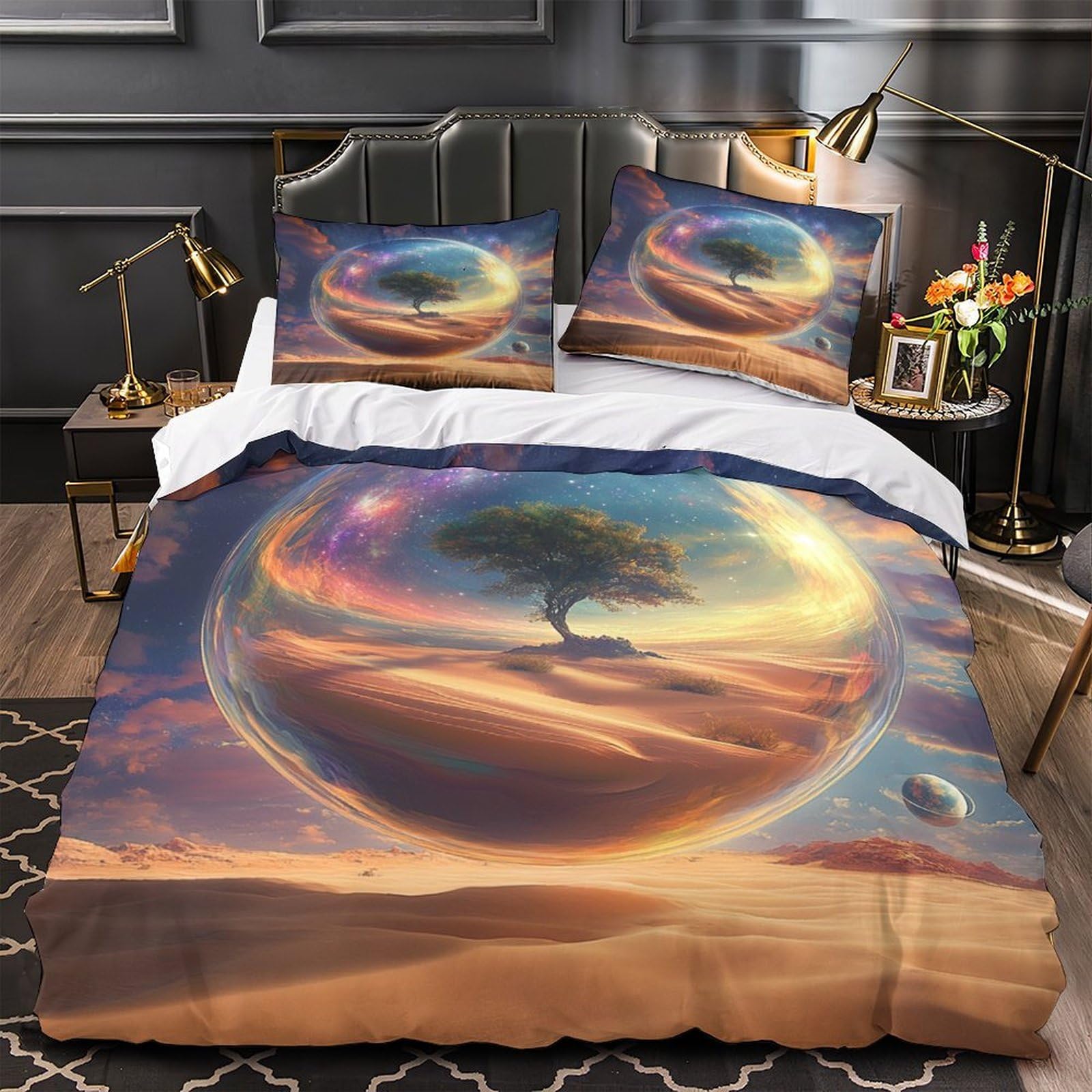 Housse de couette arbre fantastique 3D microfibre double 200x200cm et 2 taies