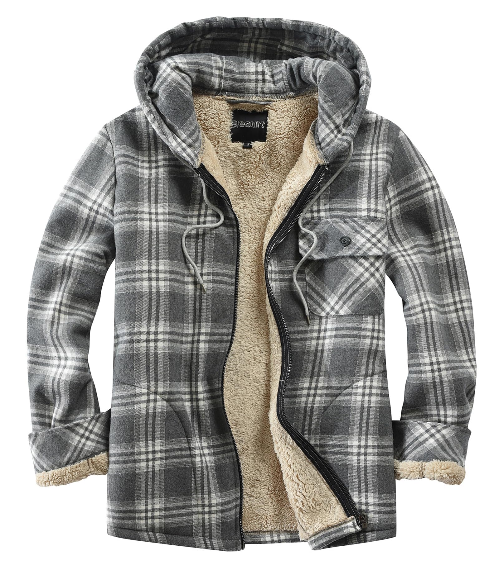 Men's Full Zip Fleece Flannel Jacket Shirt Plaid Cotton Hoodie Coat