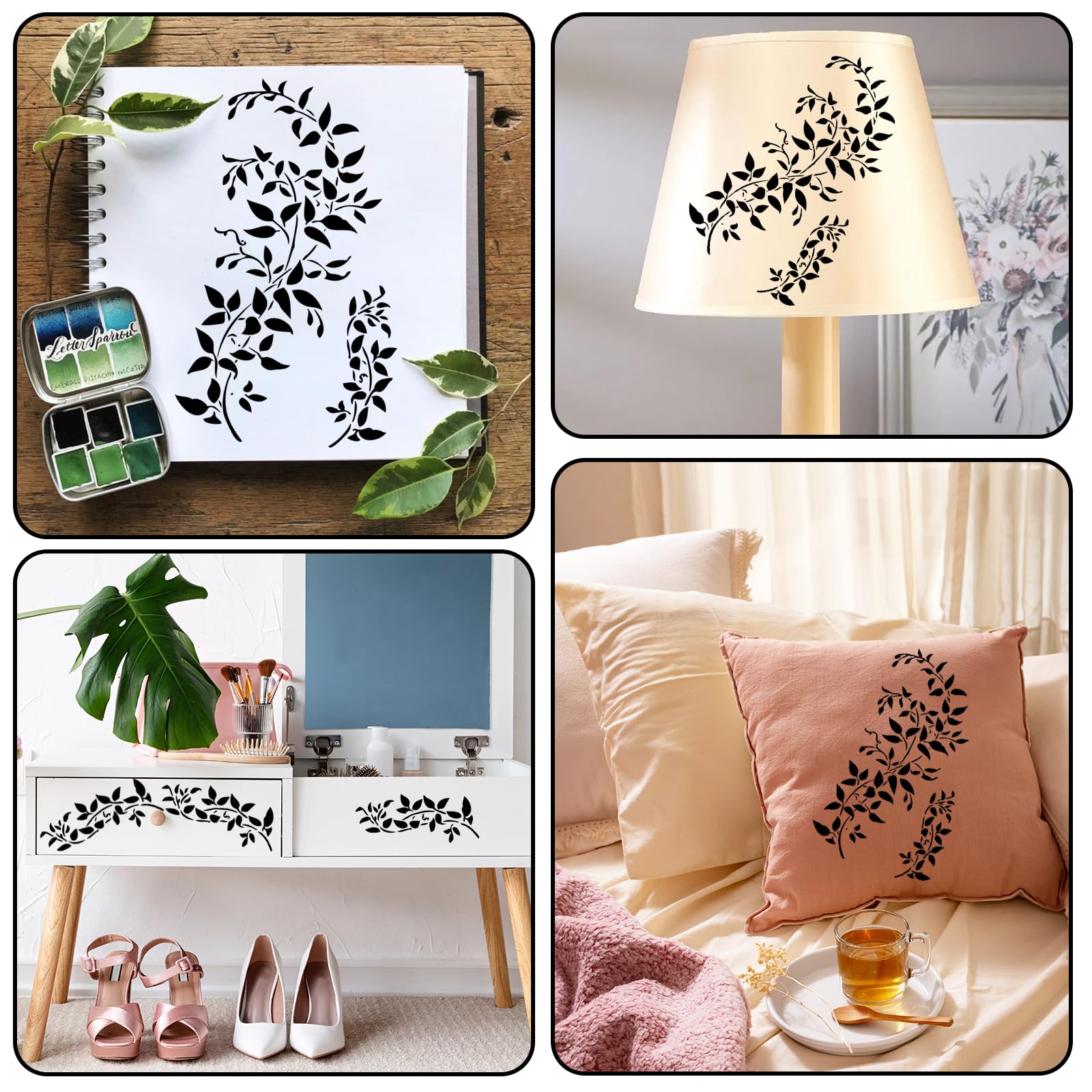 2 stencil di fiori grandi per dipingere, stencil di vite, edera riutilizzabili in formato A4, modello di disegno per mobili, tela, decorazioni per la casa, modello fai da te per la pittura