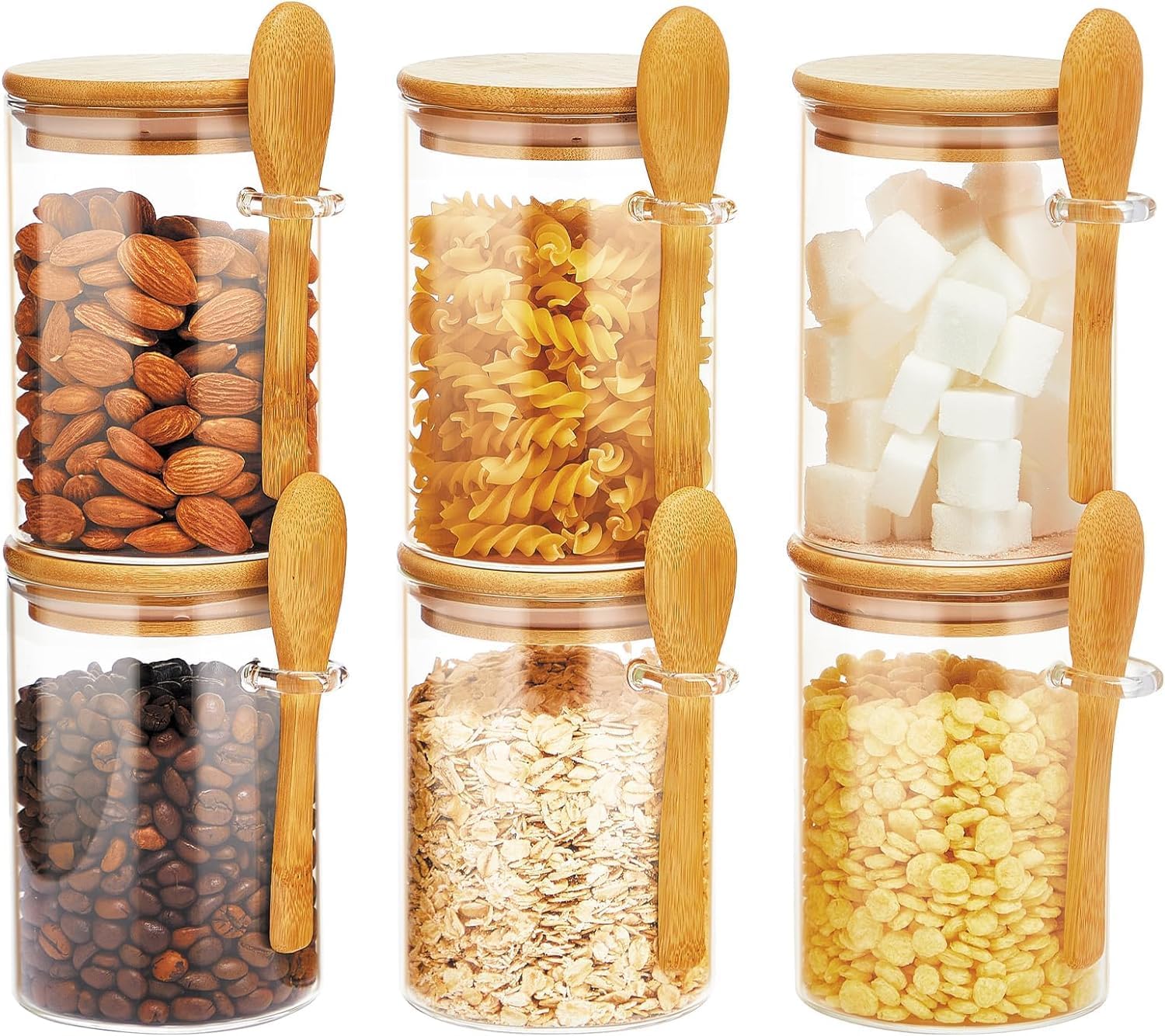 6Pcs Glass Jars with Bamboo Lids & Spoons : 550ml Airtight Glass Spice Jars Clear Sugar Container Food Storage Containers for Coffee Beans Spice Sugar Tea Nuts Candy Salts