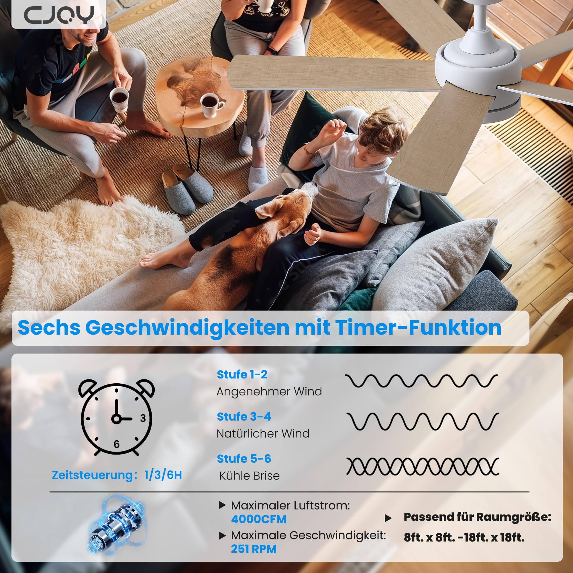CJOY Deckenventilator mit Beleuchtung 107cm Weiß/Holz Fernbedienung Leise 3 CCT 5 Blätter Umkehrbar