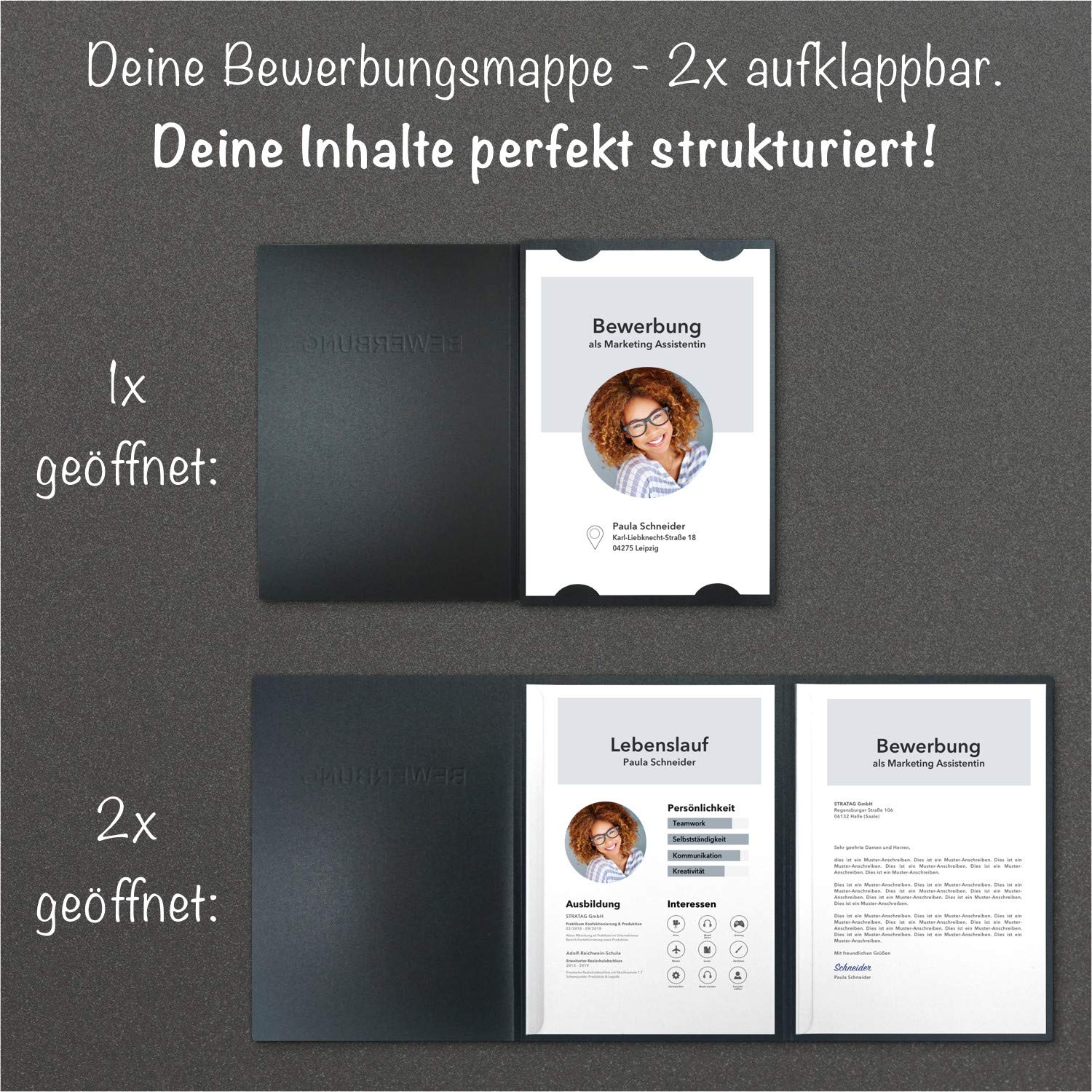 20 Stück 3-teilige Bewerbungsmappen Anthrazit Metallic mit 2 Klemmschienen - Premium-Qualität mit hochwertiger Prägung BEWERBUNG - direkt vom Hersteller STRATAG