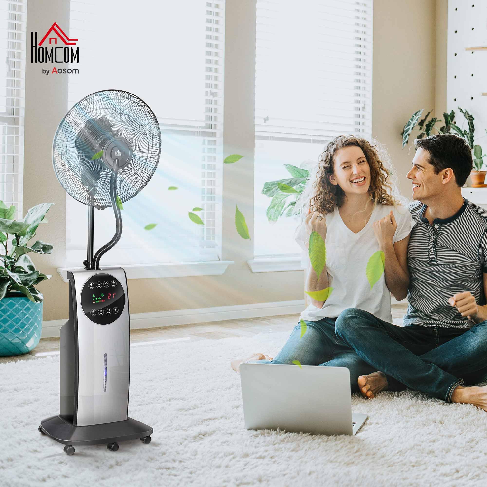 HOMCOM Ventilateur brumisateur silencieux 90 W, ventilateur sur pied 135 cm avec 3 modes 3 vitesses, télécommande, minuterie 12H, oscillation à 70°, écran LED, réservoir d'eau de 3,1L, gris et noir