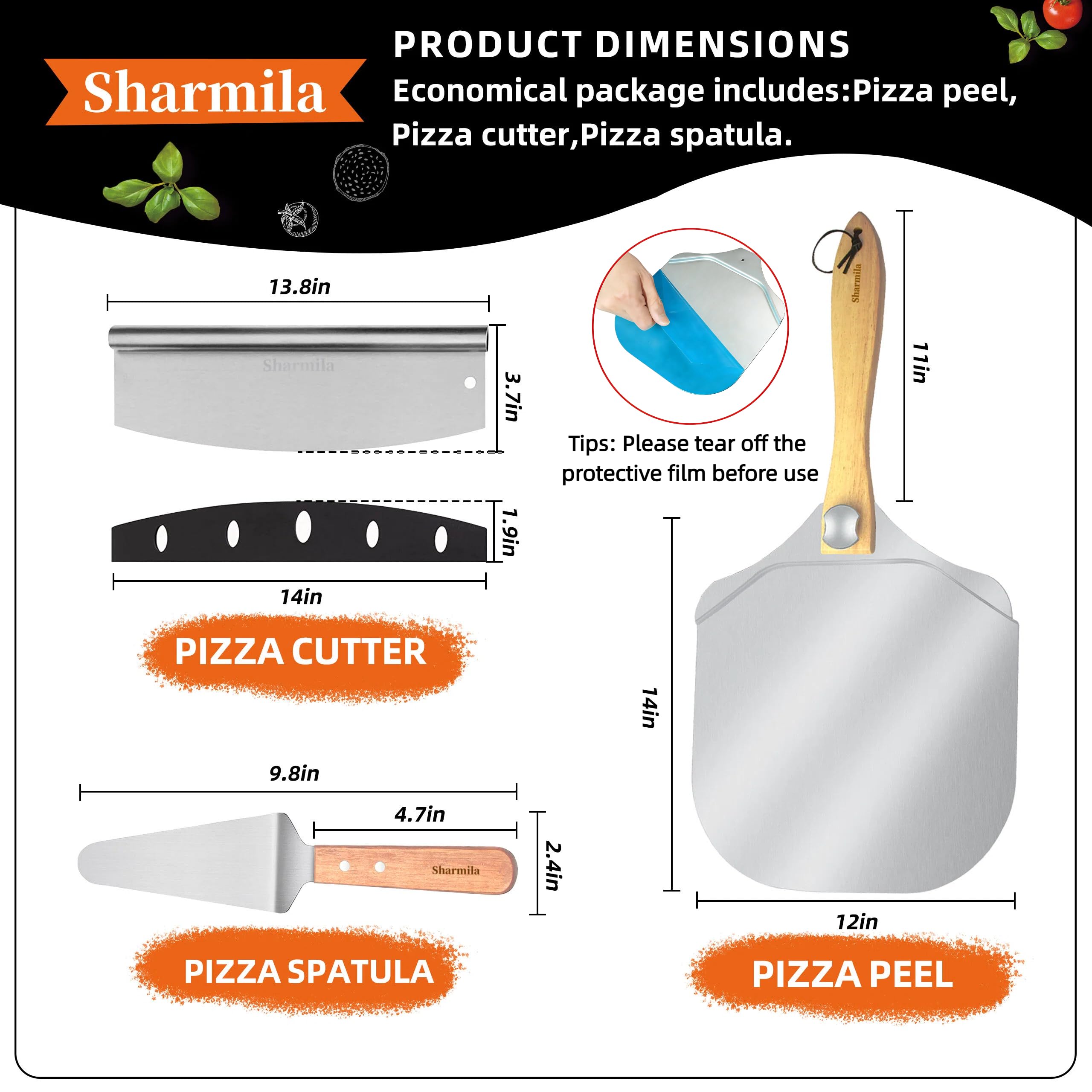 Sharmila Pala per pizza in alluminio da 30,5 cm, con manico pieghevole in legno, taglierina per pizza e spatola per pizza in metallo, ideale per forno, pasta, pane e pasticceria