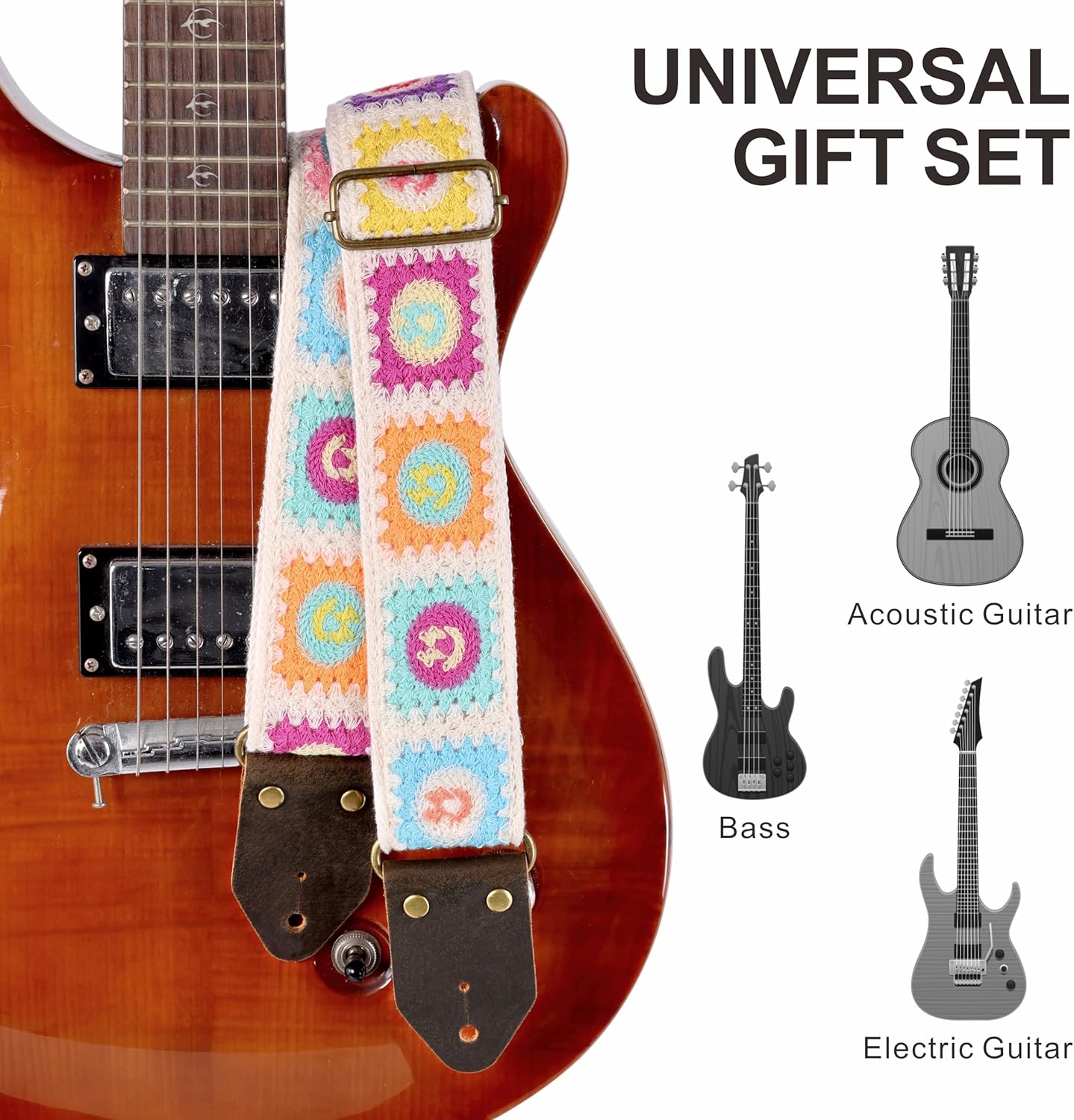 Nefelibata Guitar Strap,Jacquard Embroidery Cotton Guitar Straps with Crazy Horse Leather Ends for Bass, Electric & Acoustic, Best Gifts for Kids, Guitarists(Smiling White Embroidery)