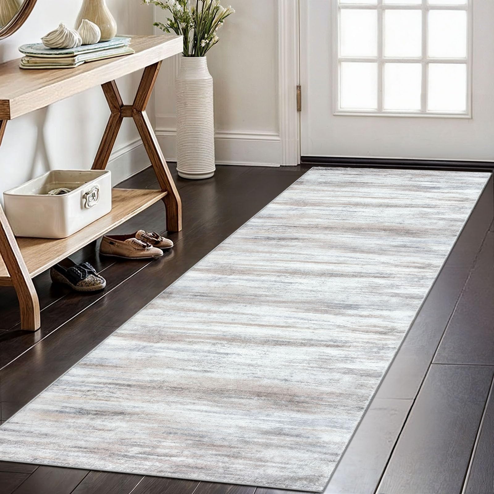 KOZYFLY Modern Abstract Kitchen Runner Rug, 2x6 Washable Rug Runner Non-Slip Soft Striped Hallway Runner Rugs, Beige Print Carpet Runner for Entryway Bathroom Laundry Room FoyerOEKO-TEX STANDARD 100