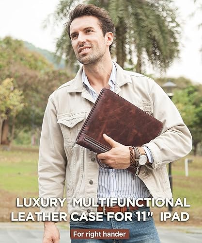 Vista 28 de Top Grain Leather Cartera grande de 12.9 pulgadas, diseño retro hecho a mano, gran capacidad, multifuncional, con cremallera, soporte para tarjetas