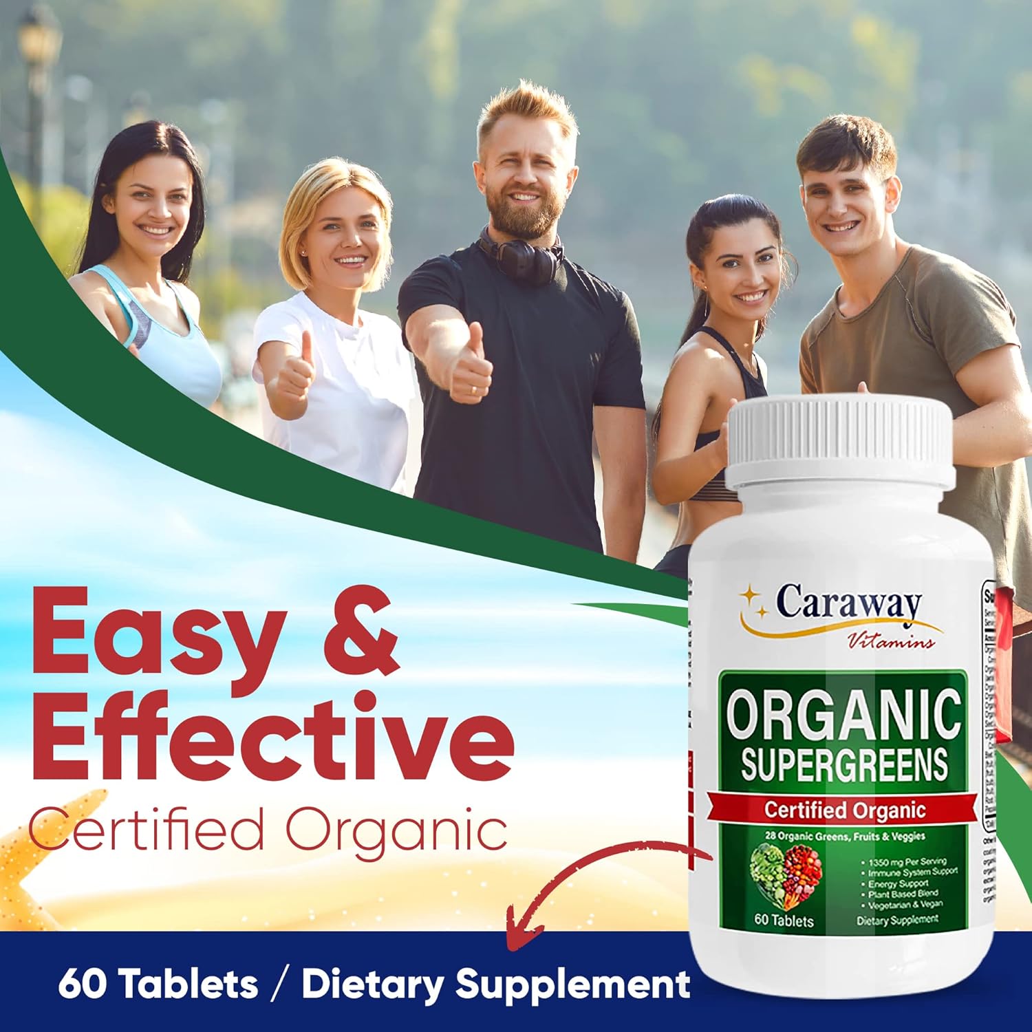 Organic Superfoods Vitamins Super Greens Complex by Caraway Vitamins 1,350 mg per Serving 28 Fruits Vegetables Greens 60 Count Tablets Non-GMO Natural for Men & Women