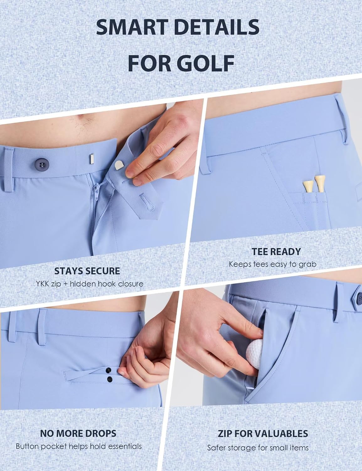 Mens Golf Pants Stretch Work Dress 30"/32" Water-Resistant Quick Dry Chinos Trousers with Pockets for Business Travel