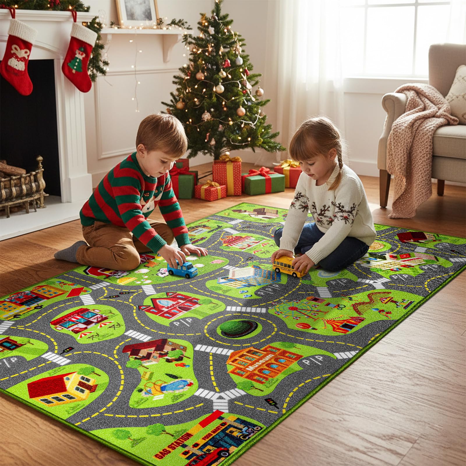 Spielteppich Kinder – Autoteppich mit Straßenmotiv, rutschfeste Spielmatte für Autos & Lastwagen, Kinderteppich für Spielzimmer, Schlafzimmer, Straßenteppich für Jun (Straßenszene, 200X120 CM)
