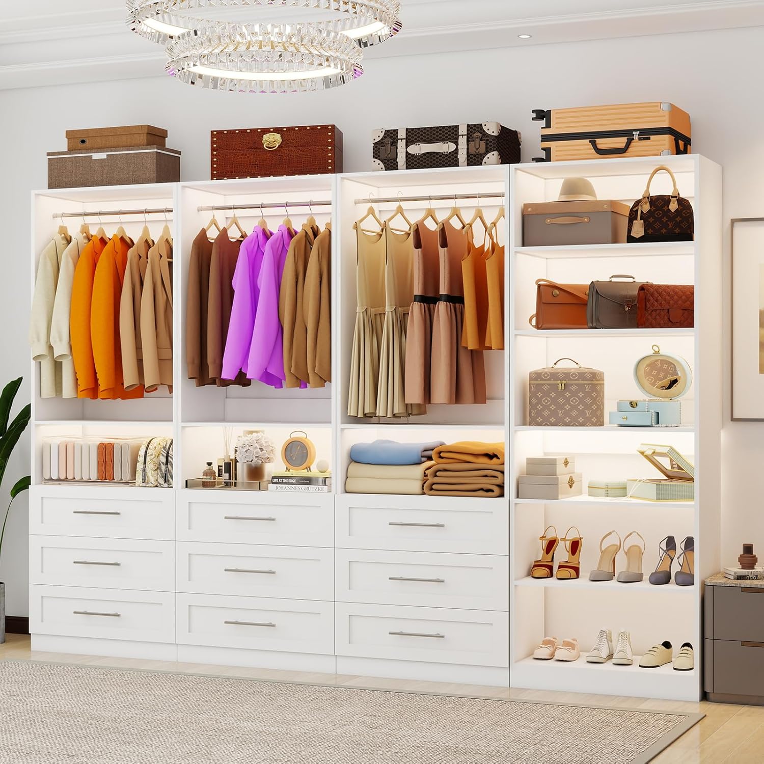 Closet System with 3 Sets, 6FT-15FT Closet Organizer Systems with 6 Wooden Drawers 8 Shelves & 4 Hanging Rods, Walk in Closet freestanding Corner Modular Closet Storage System White (6FT)