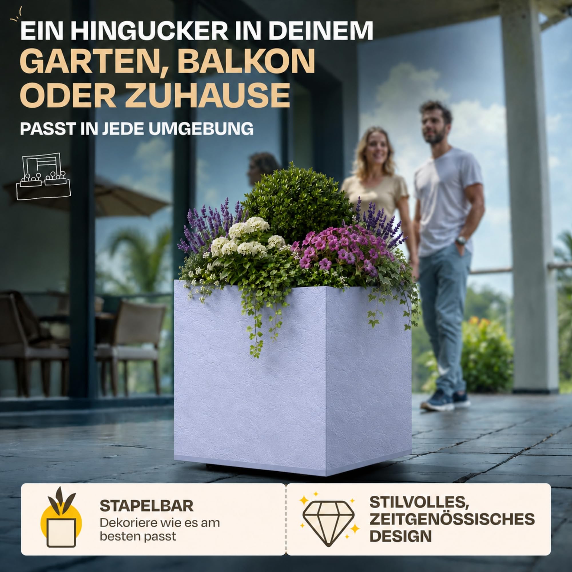 Ondis24 Vulkan Pierre 50 - Pot de fleurs de jardin, 50 x 50 cm, aspect ardoise, avec réservoir d'eau, haut, résistant à l'hiver - Gris clair