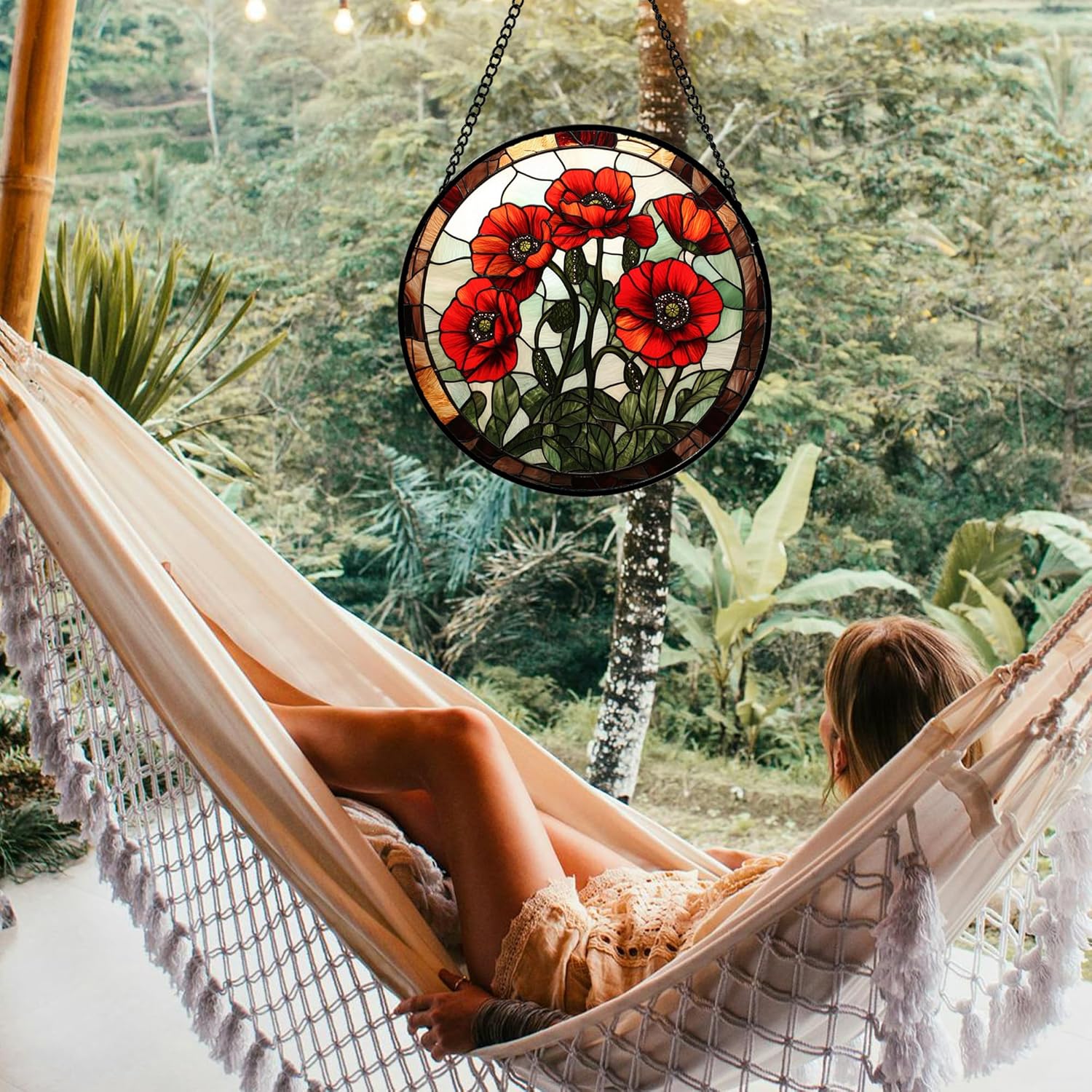 Stained Glass Window Hanging - Red Poppy Suncatcher for Door Garden Yard Birth Flowers Sun Catchers Decor Christmas Mother's Day Birthday Gifts for Women Mom Nana Wife Teacher 6.3 in