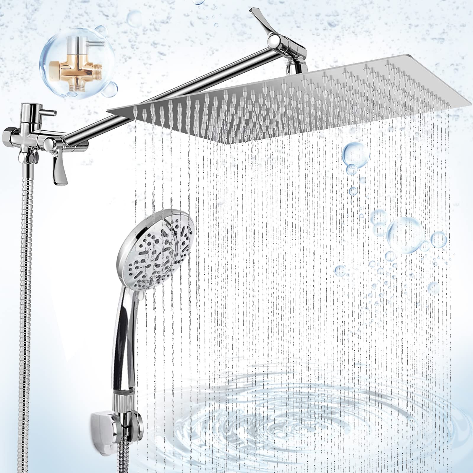 hadio 12'' Rain Shower Head with Handheld Spray, 2022 Upgrade Large Rainfall Shower Head Combo with Brass-Reinforced 3-Way Water Diverter, Waterfall Shower Heads with 11'' Shower Head Extension Arm