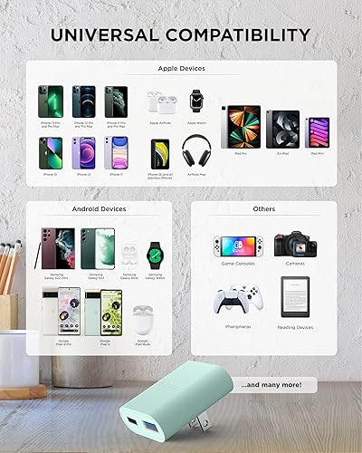 Miniatura 6 de iHome Cargador USB C AC Pro 20W multipuerto (1 puerto USB-C, 1 puerto USB-A), bloque USB plano, adaptador de enchufe USB de doble puerto y bloque de