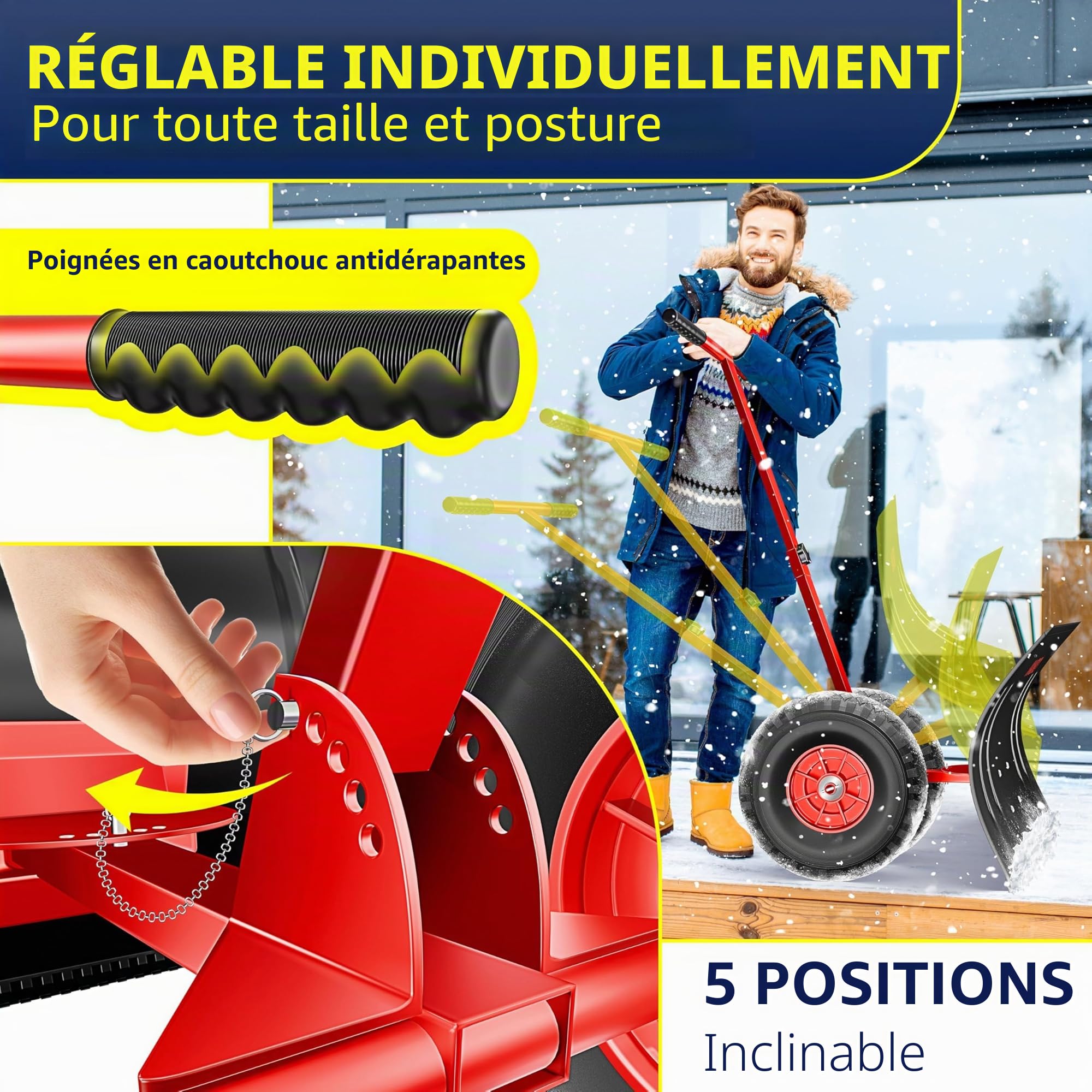 MASKO® Pelle à Neige sur Roues réglable en Hauteur – 5 Positions de Hauteur réglable – Pelle à Neige pour Le Dos – Pelle à Neige – Hauteur de Travail : 42 cm, Pliable pour économiser de l'espace