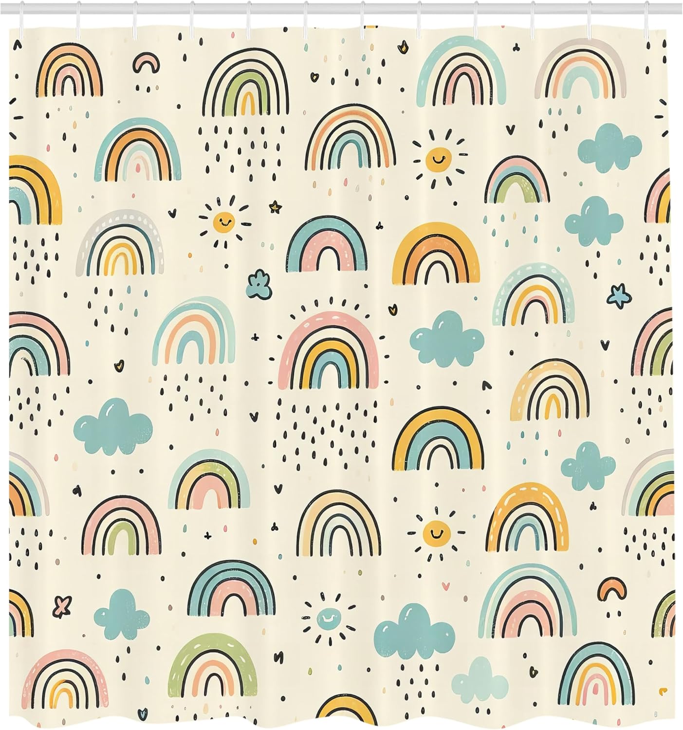 Ambesonne Rainbow Shower Curtain, Pastel Colored Pattern of Scandinavian Style Sky Clouds Hearts Sun, Cloth Fabric Bathroom Decor Set with Hooks, 69" W x 70" L, Ivory Orange and Pale Blue