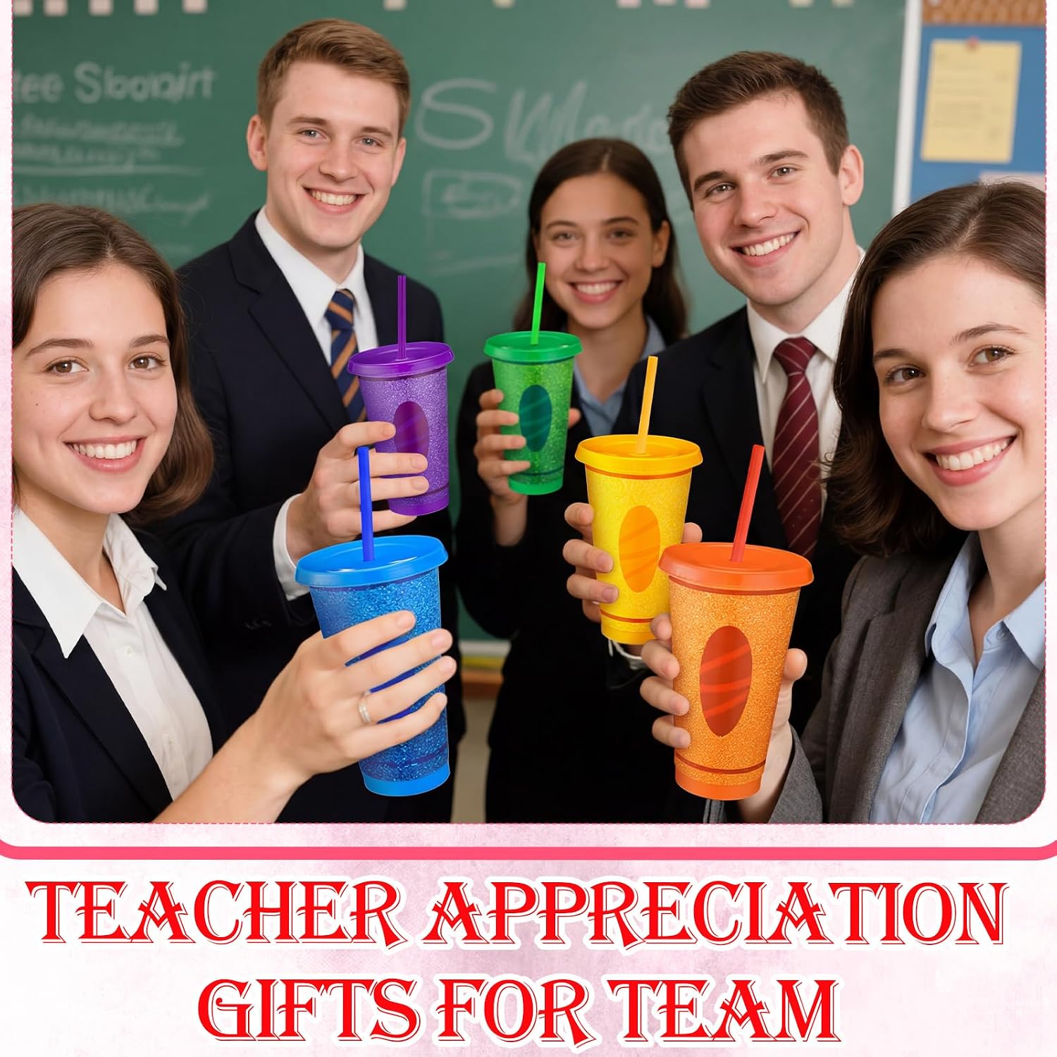 Skylety 24Pcs Back to School Teacher Gift Bulk Teachers Appreciation Gift Bulk 12 Reusable 24oz Crayon Plastic Cup with Lid Straw for First Day of School Gifts with 12 Ballpoint Pen(Colorful Crayon)